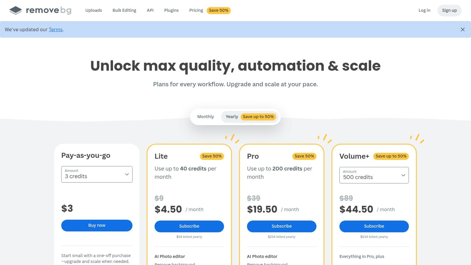 A screenshot of the remove.bg pricing page showing various credit-based subscription plans and pay-as-you-go options.
