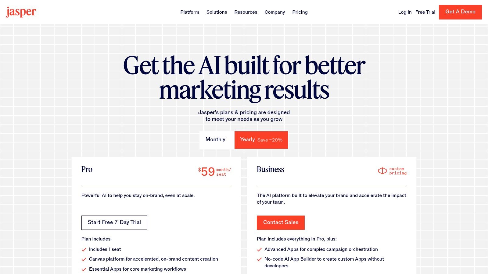Jasper's pricing plans for AI marketing tools