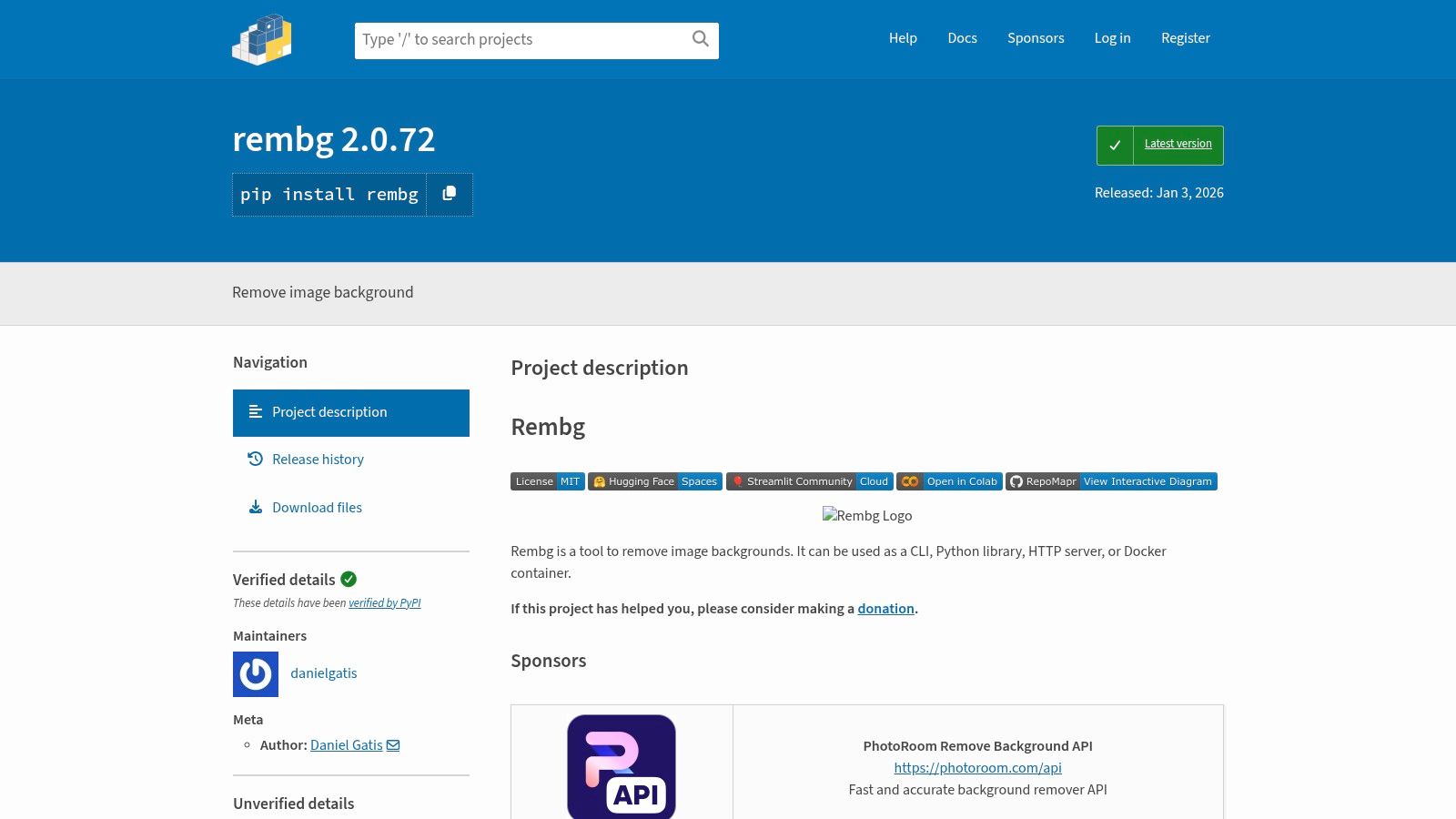 A screenshot of the rembg project page showing its description and installation command.