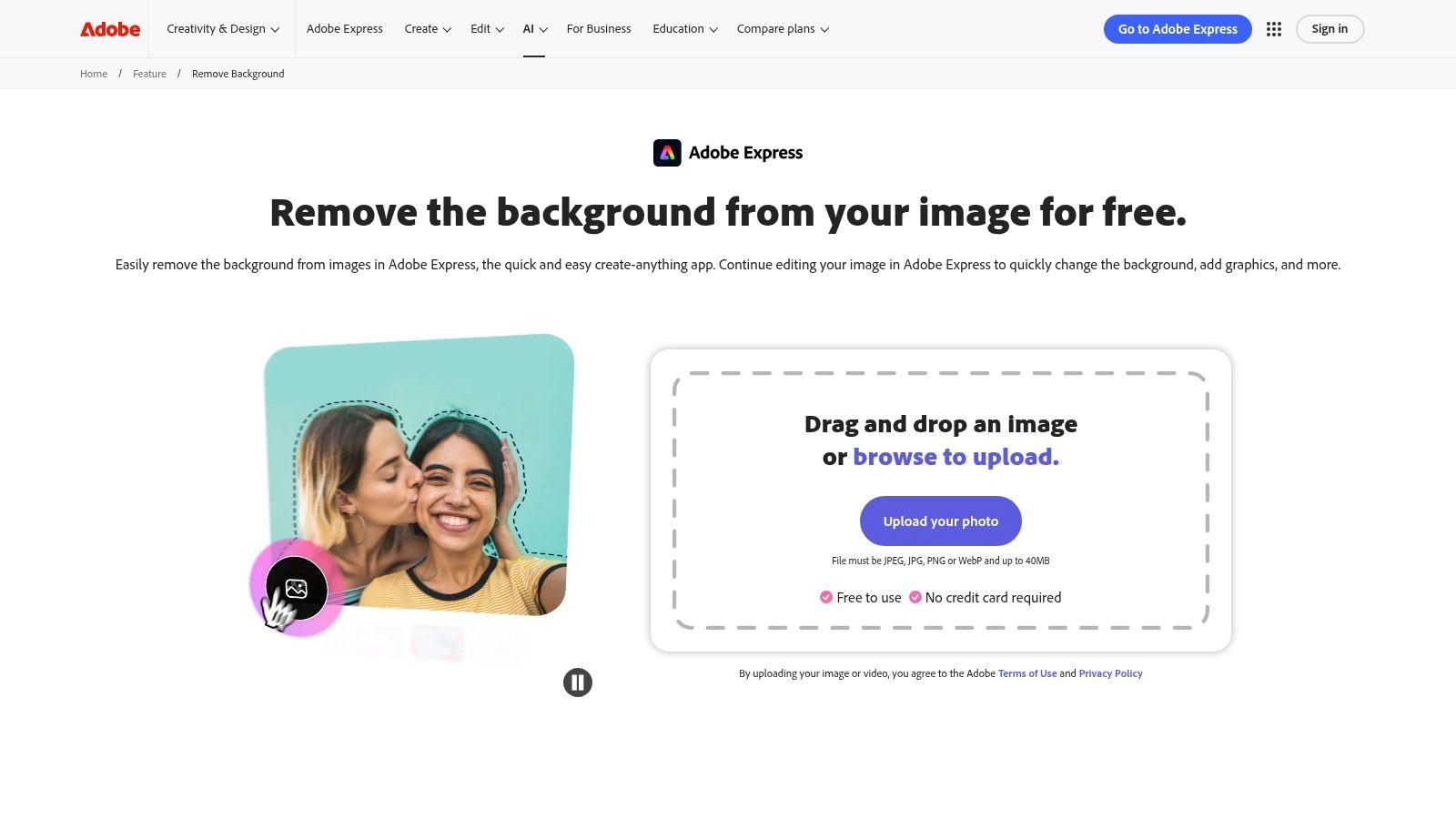 The user interface of Adobe Express showing a photo of a backpack before and after background removal.