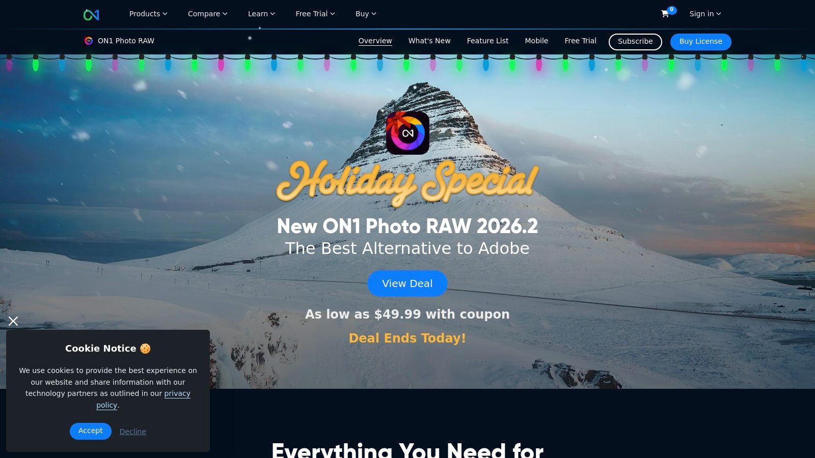 An image showcasing ON1 Photo RAW's interface with a landscape photo being edited.