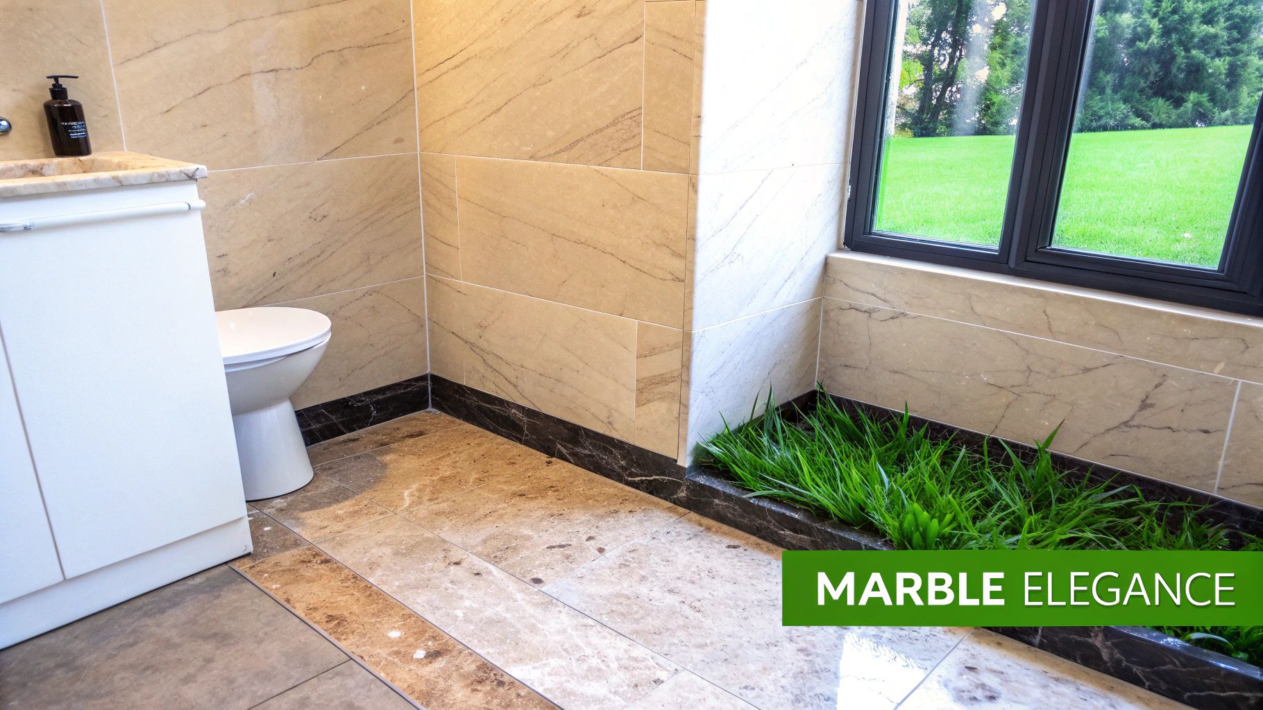 Luxurious bathroom featuring beige marble walls and floor, a white toilet, and an indoor planter by a large window.