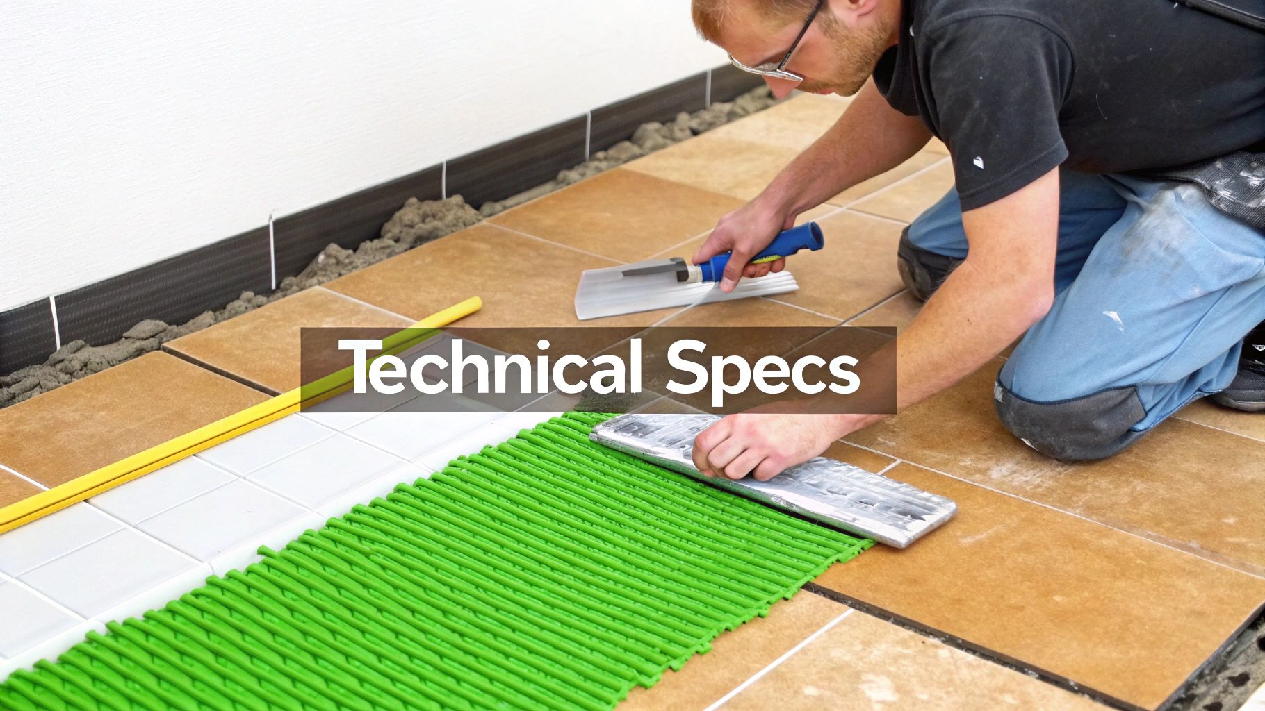 A person installing brown and white floor tiles, showing the tiling process with tools and materials.