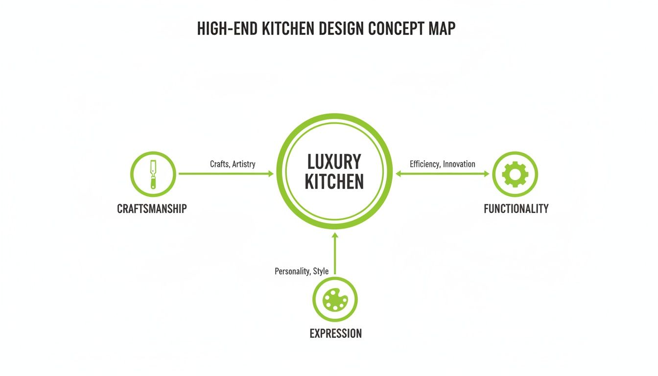 A concept map illustrating the core elements of high-end kitchen design: craftsmanship, functionality, and expression.