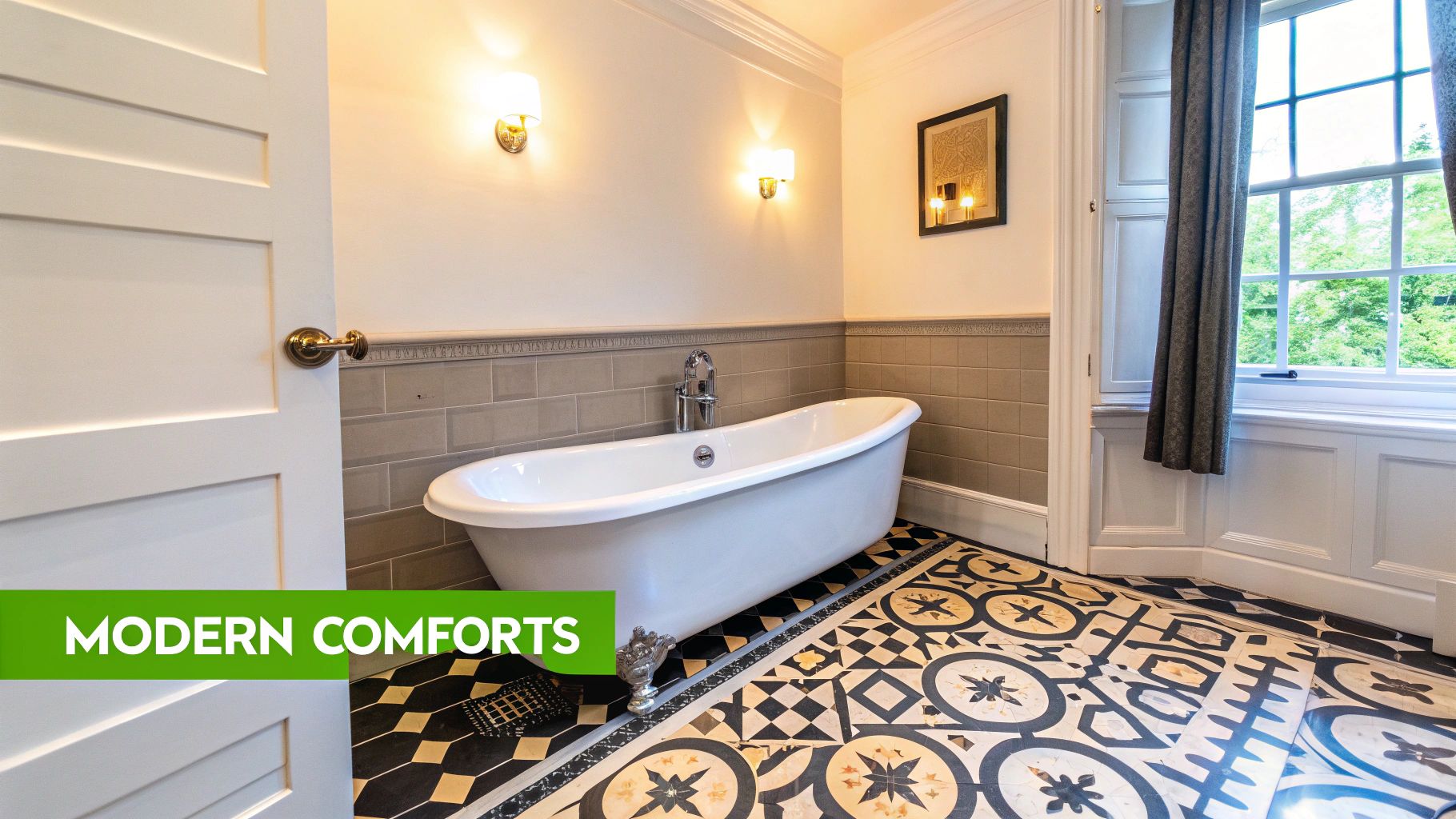 A luxurious Victorian-style bathroom featuring a white clawfoot bathtub, elegant patterned tiles, and a large window.