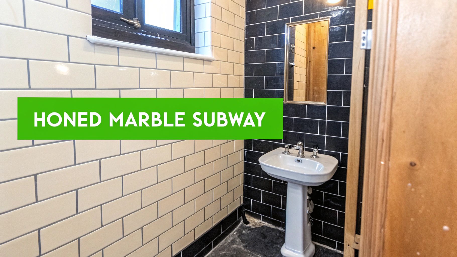 A small bathroom featuring beige and black subway tiles, a white pedestal sink, and a mirror.