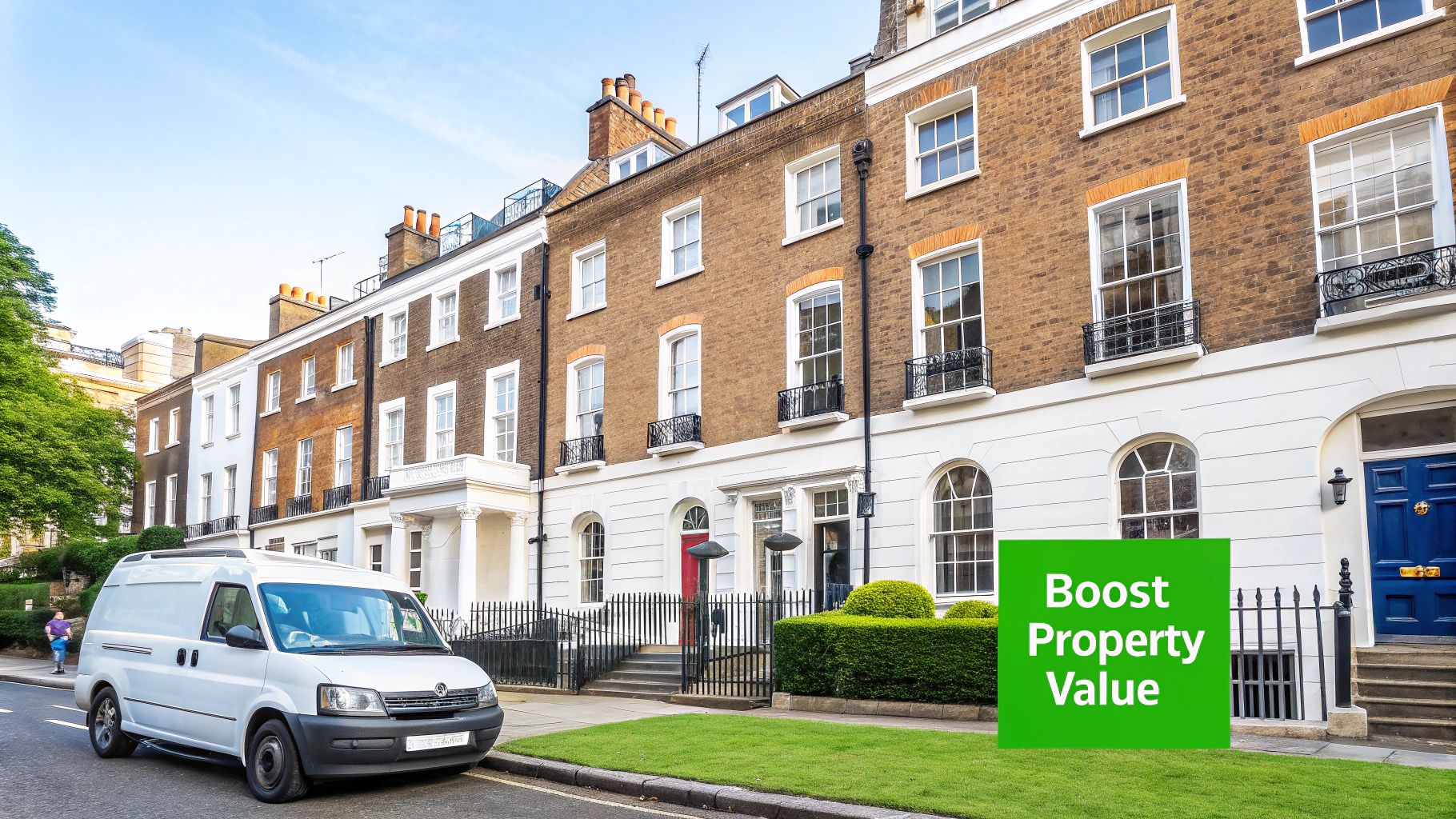 How to Increase Property Value with Strategic Renovations in Prime London Elegant brick townhouses line a street with a white van and a prominent