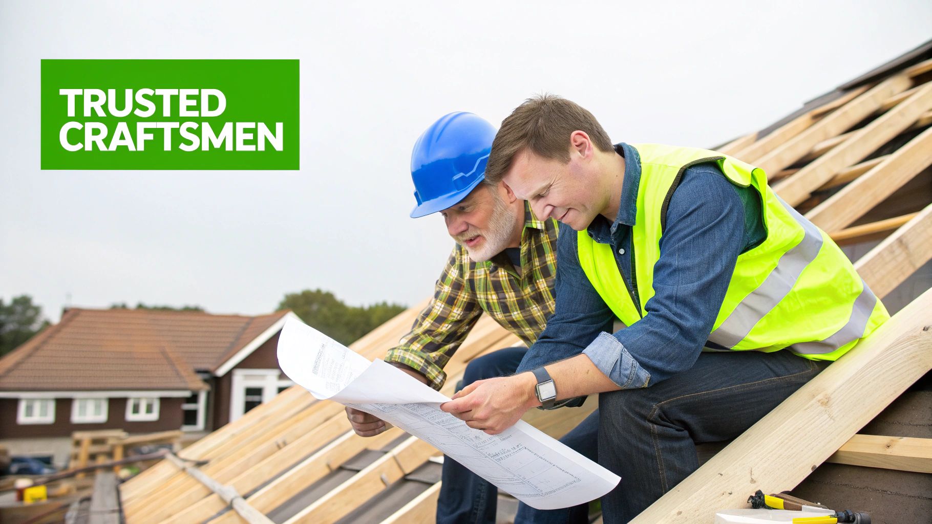 Two trusted craftsmen in safety gear review blueprints on a new roof construction site.