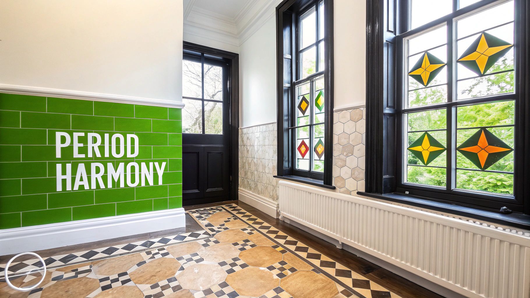 A vibrant hallway featuring green subway tiles with 