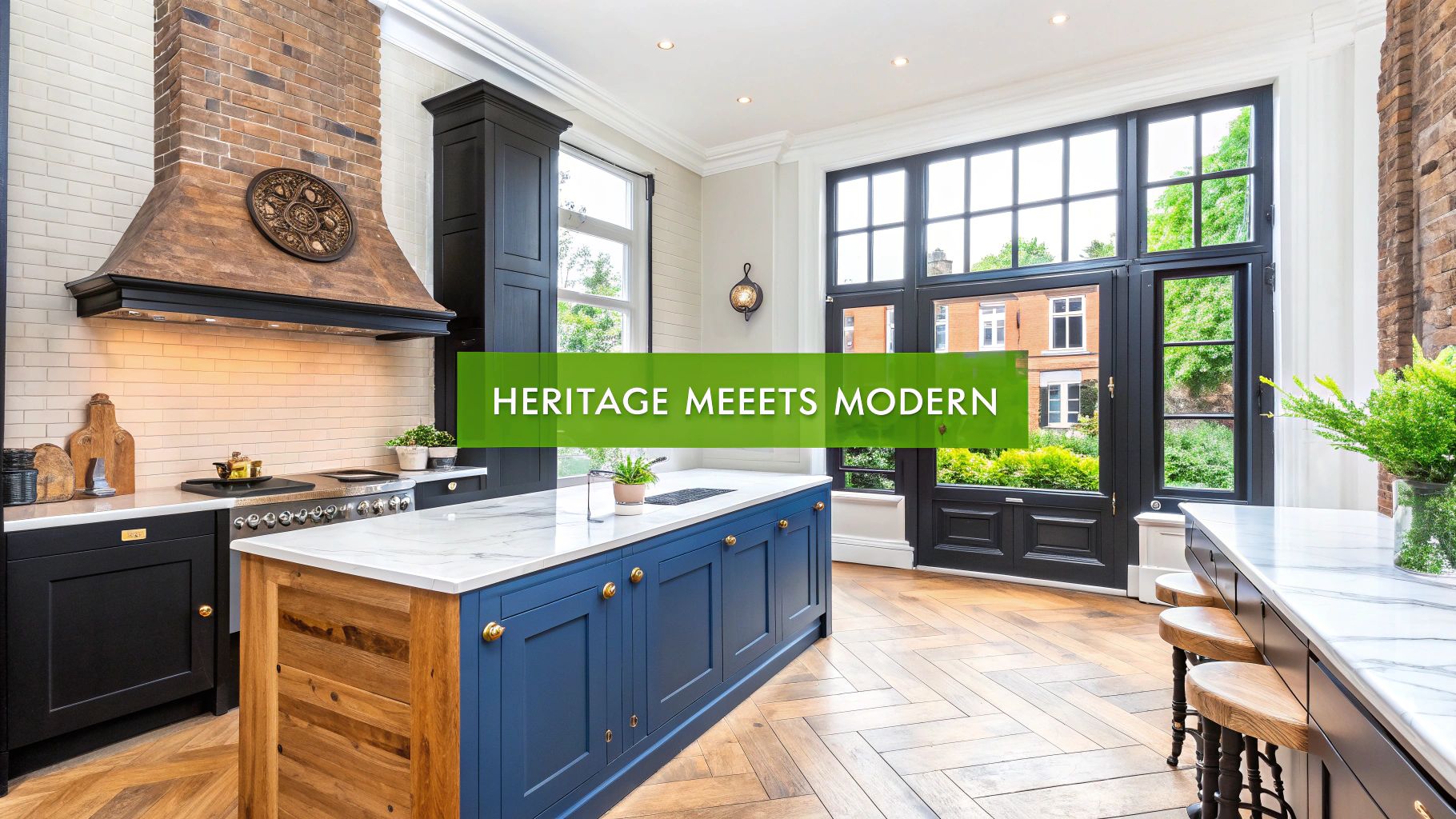 A stylish kitchen interior featuring a blue island, black cabinets, brick accents, and large windows.