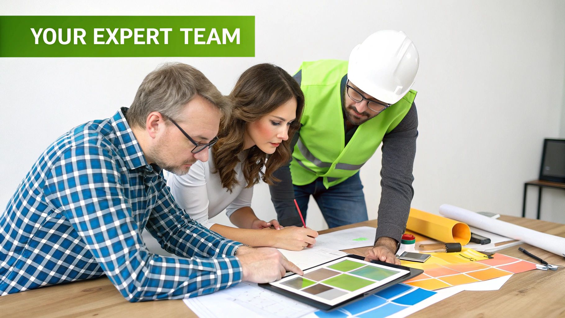 An expert team of three people reviewing design plans and color swatches for a home renovation project.