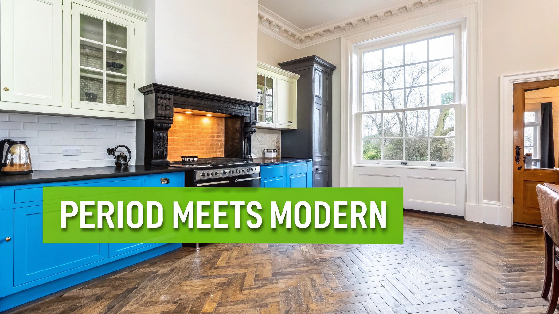 Bespoke Kitchen Design London: A Guide For Period Homes Stylish kitchen featuring vibrant blue cabinetry, a classic range, and elegant herringbone flooring.