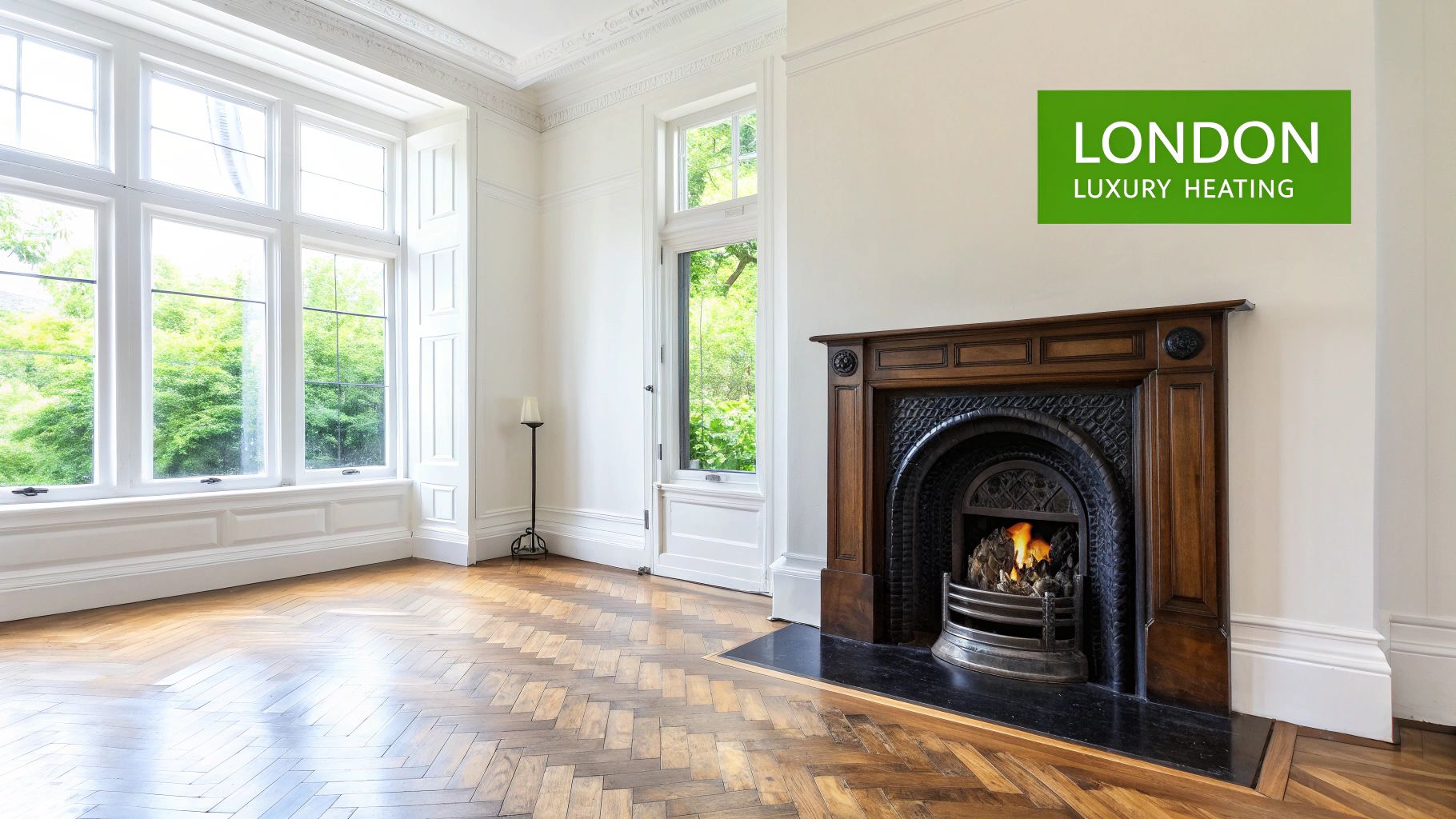 An elegant room featuring large bay windows, a herringbone parquet floor, and a traditional fireplace with a burning fire.