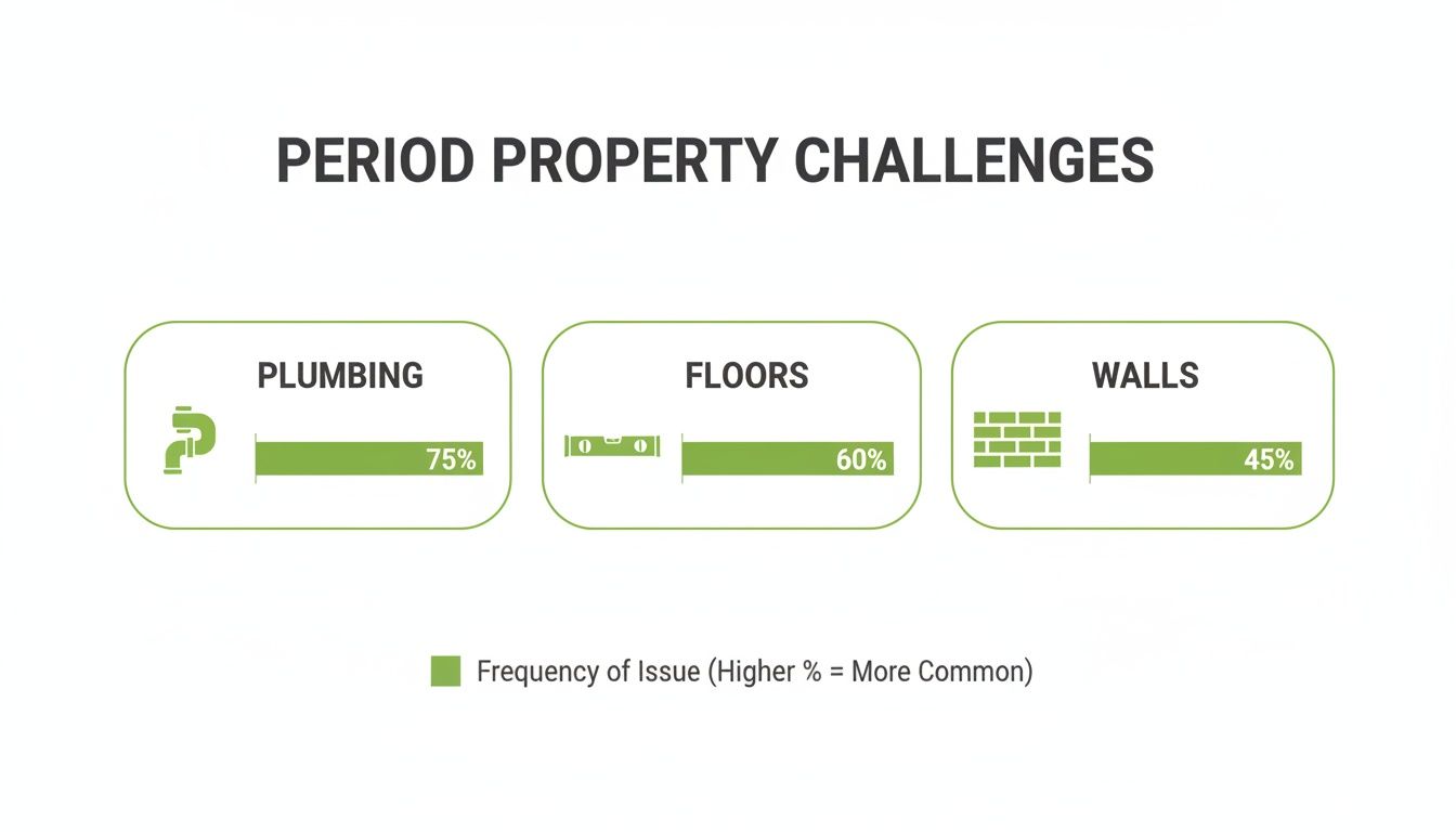 Bar chart illustrating period property challenges: plumbing 75%, floors 60%, and walls 45%.