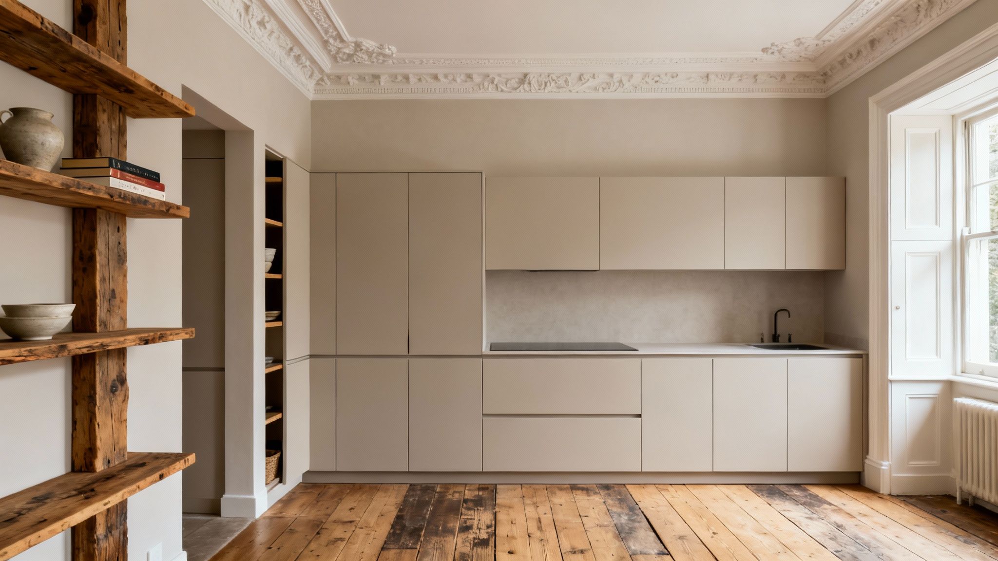 Modern minimalist kitchen with light cabinets, rustic open shelving, and distressed wooden floors.