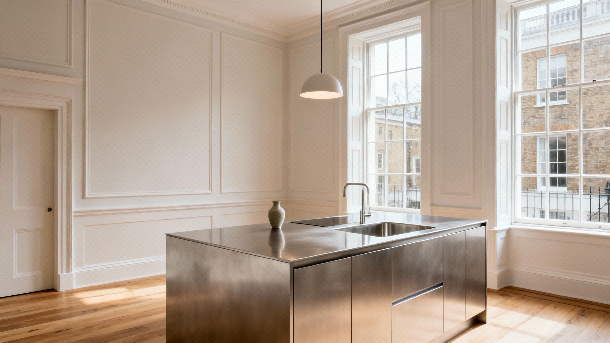 A modern kitchen features a large brushed stainless steel island with two sinks and a sleek pendant light.