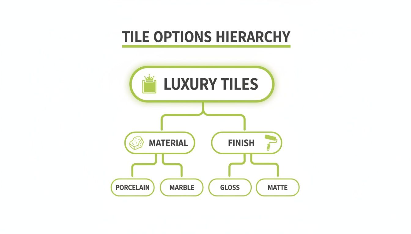 A hierarchy diagram showing luxury tile options based on material (porcelain, marble) and finish (gloss, matte).