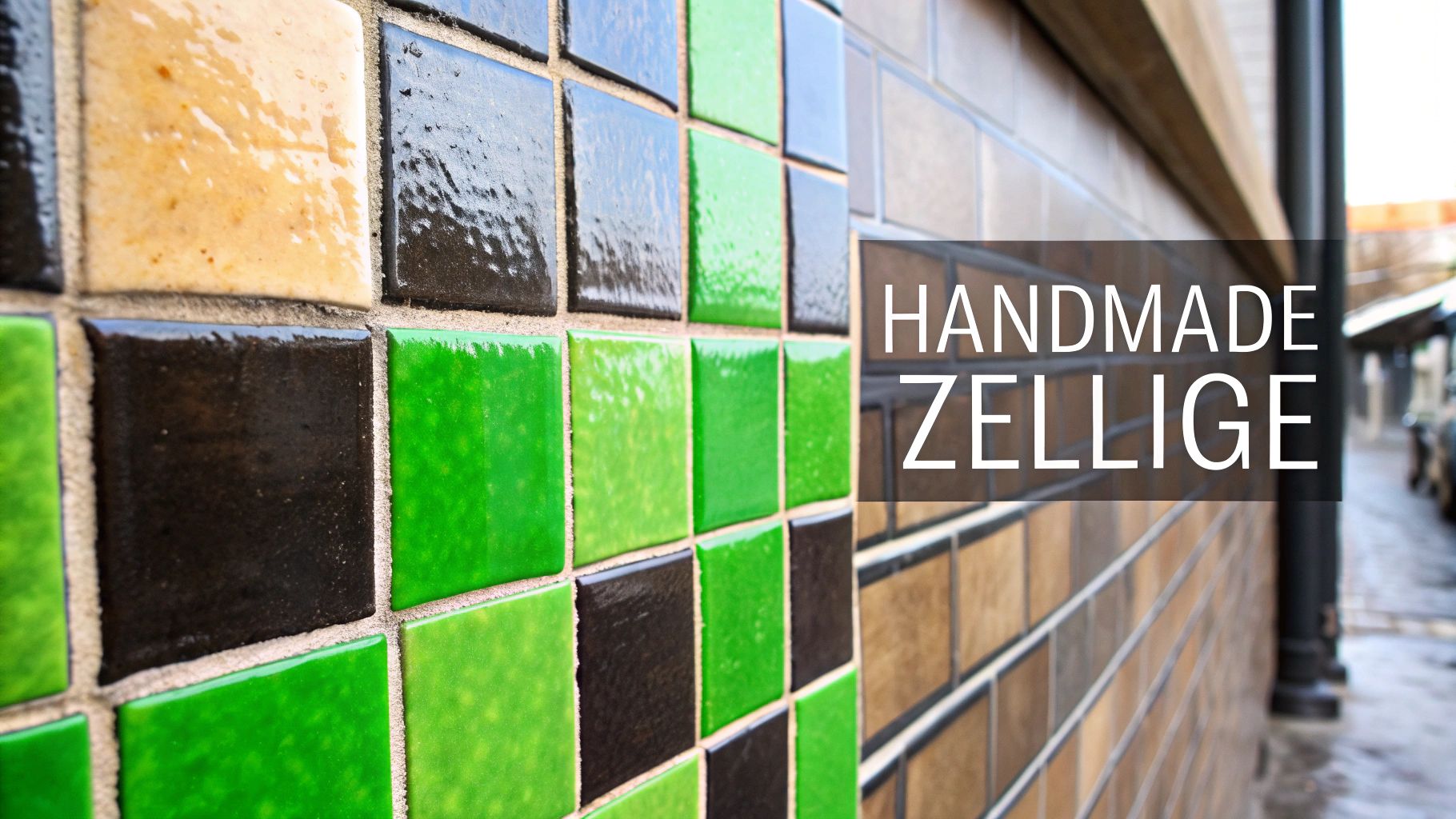 Close-up of glossy handmade zellige tiles in various shades of green, black, and beige, with text overlay.