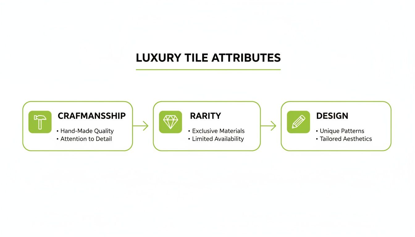 An infographic illustrating luxury tile attributes: craftsmanship, rarity, and design, with key details for each.