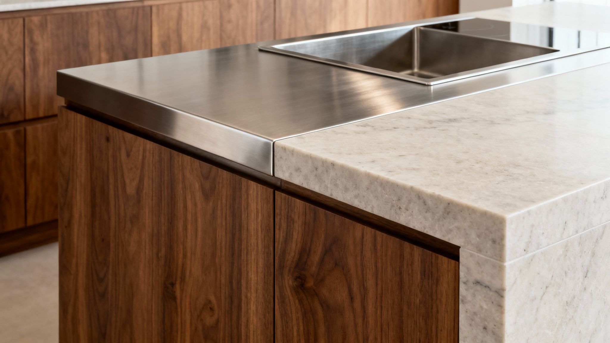 Close-up of a modern kitchen island featuring stainless steel and marble countertops with dark wood cabinets.