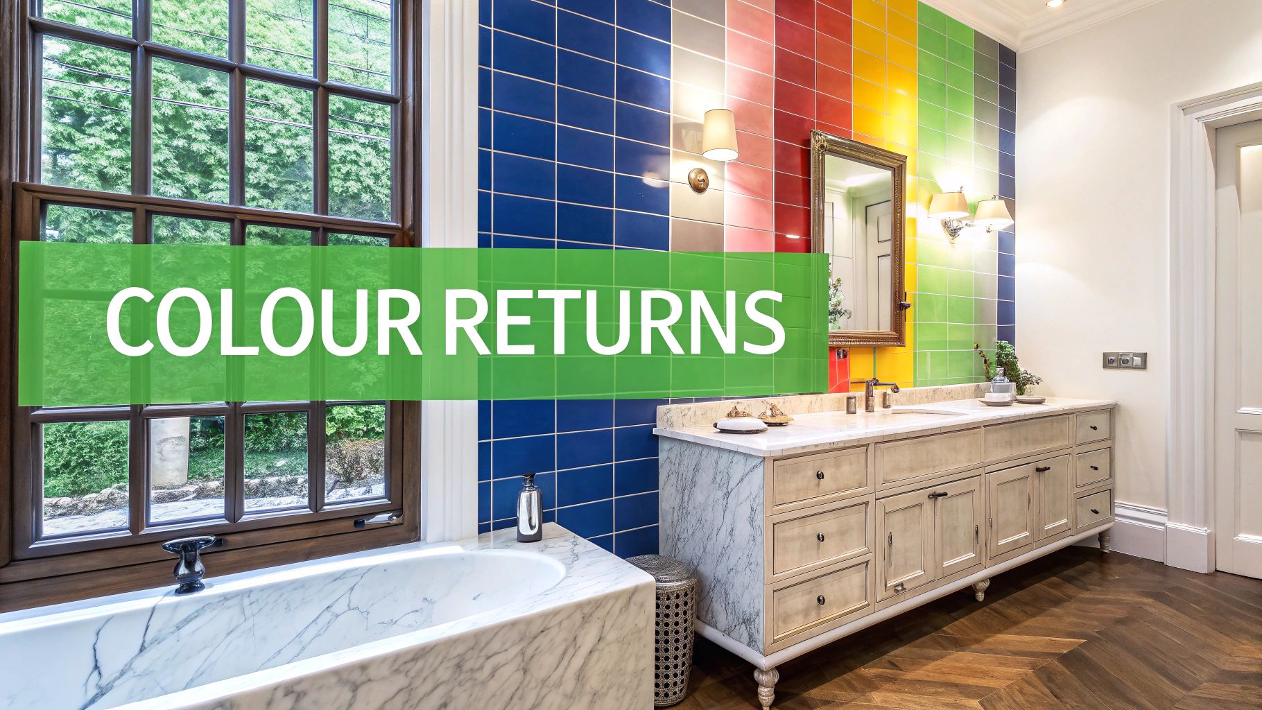 A modern bathroom features a vibrant tiled accent wall, a double vanity, a marble bathtub, and a large window.