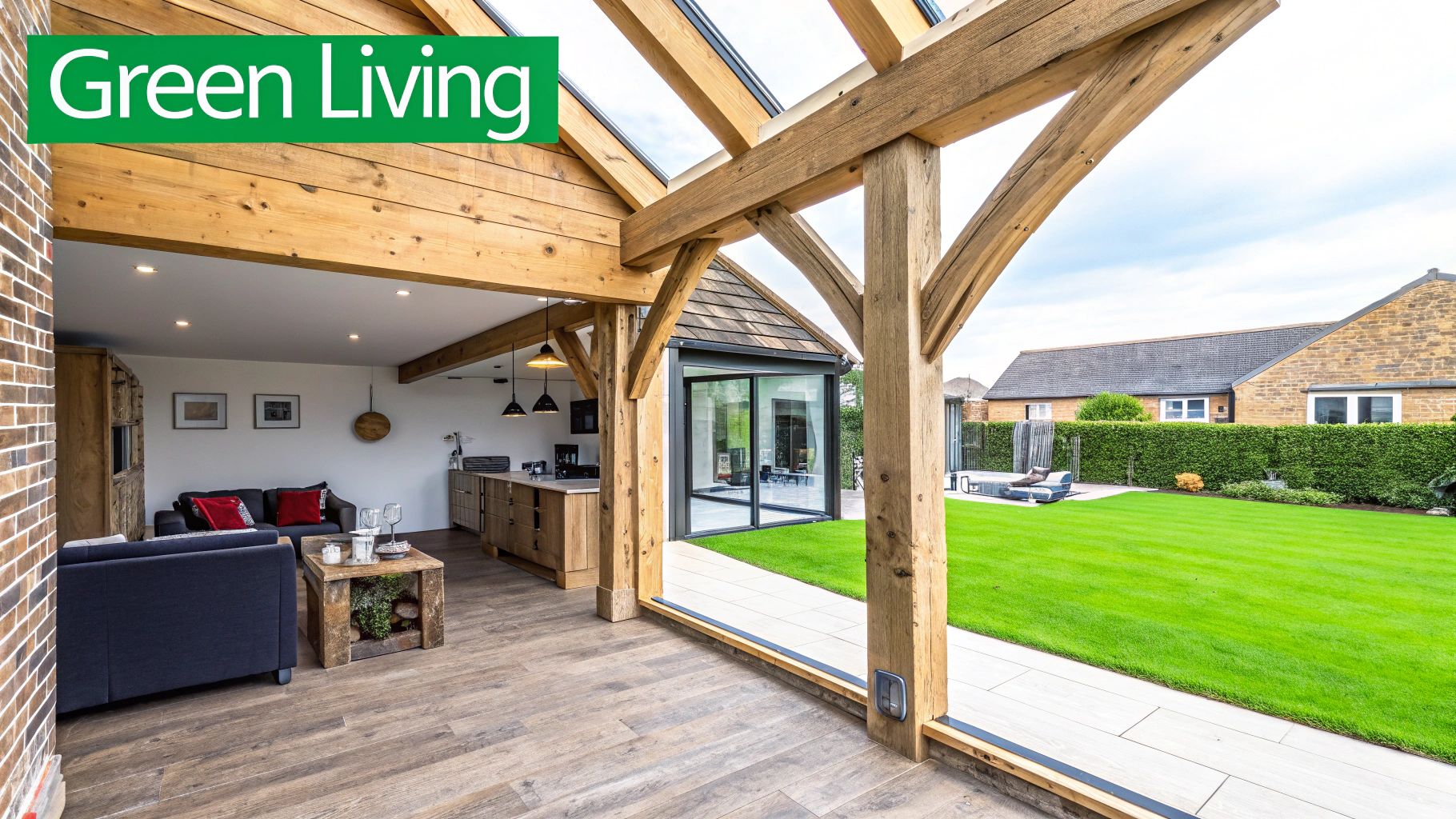 Bespoke Kitchen Extension Ideas UK: Transforming London’s Period Homes An open-plan kitchen and living area featuring timber beams and a large glass door leading to a manicured lawn.