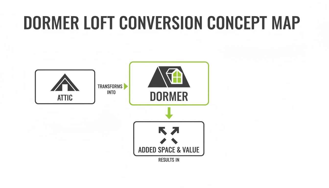 Concept map illustrating how an attic transforms into a dormer, adding space and value.