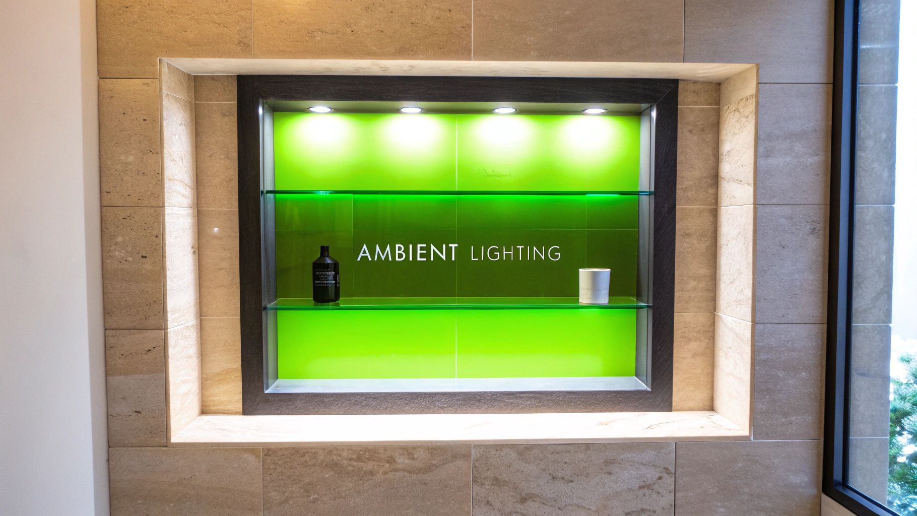 A modern shower niche with green ambient backlighting and glass shelves, holding a black bottle and toilet paper.