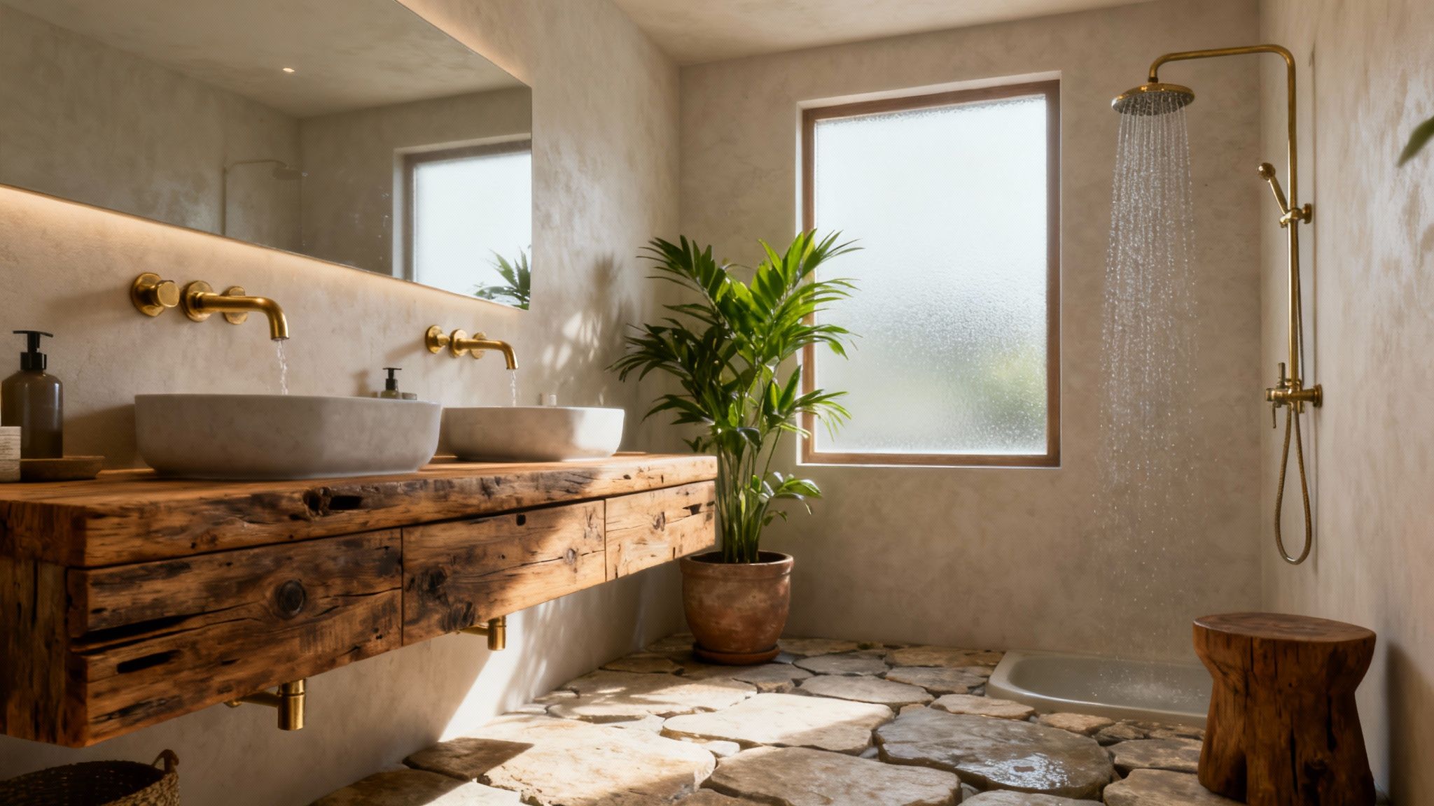 A rustic bathroom with stone sinks on a rough wooden vanity, gold fixtures, and a natural stone floor.