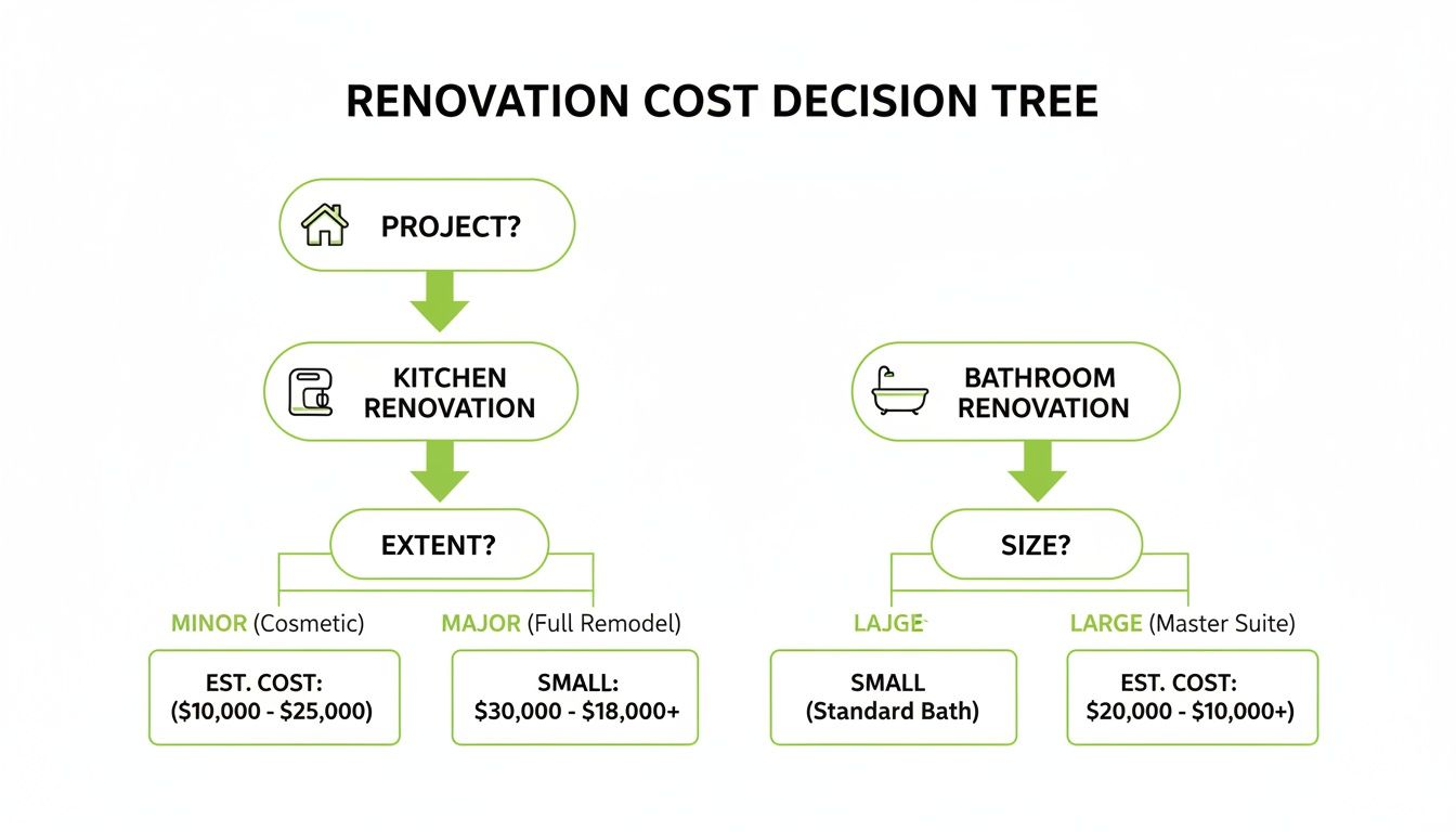 A renovation cost decision tree detailing estimated expenses for kitchen renovations (minor/major) and bathroom projects (small/large).