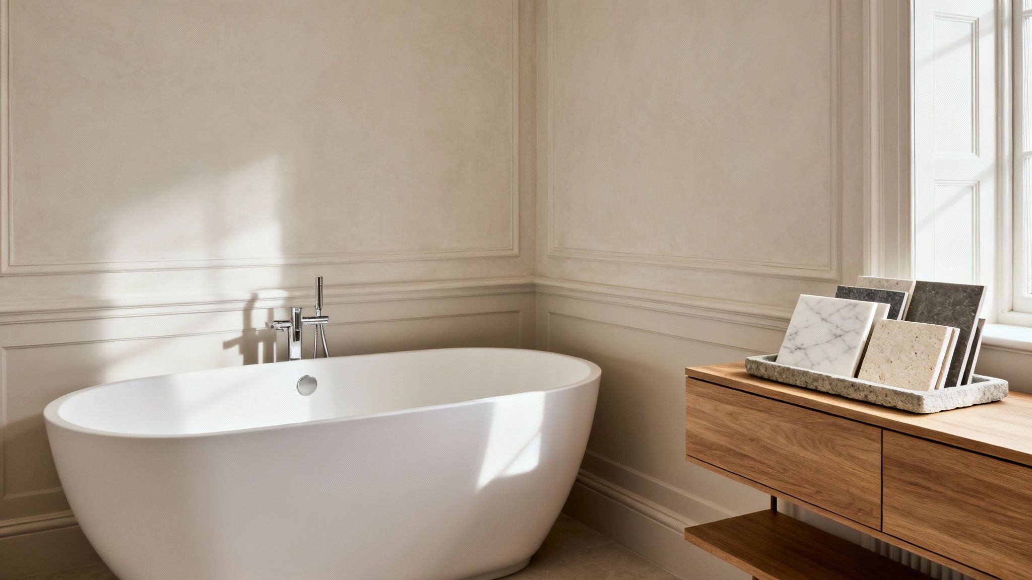 Modern bathroom with a white freestanding tub, showcasing various tile samples on a wooden console table by a window.