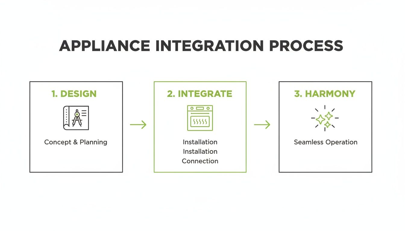 A three-step diagram outlining the appliance integration process: Design, Integrate, and Harmony.