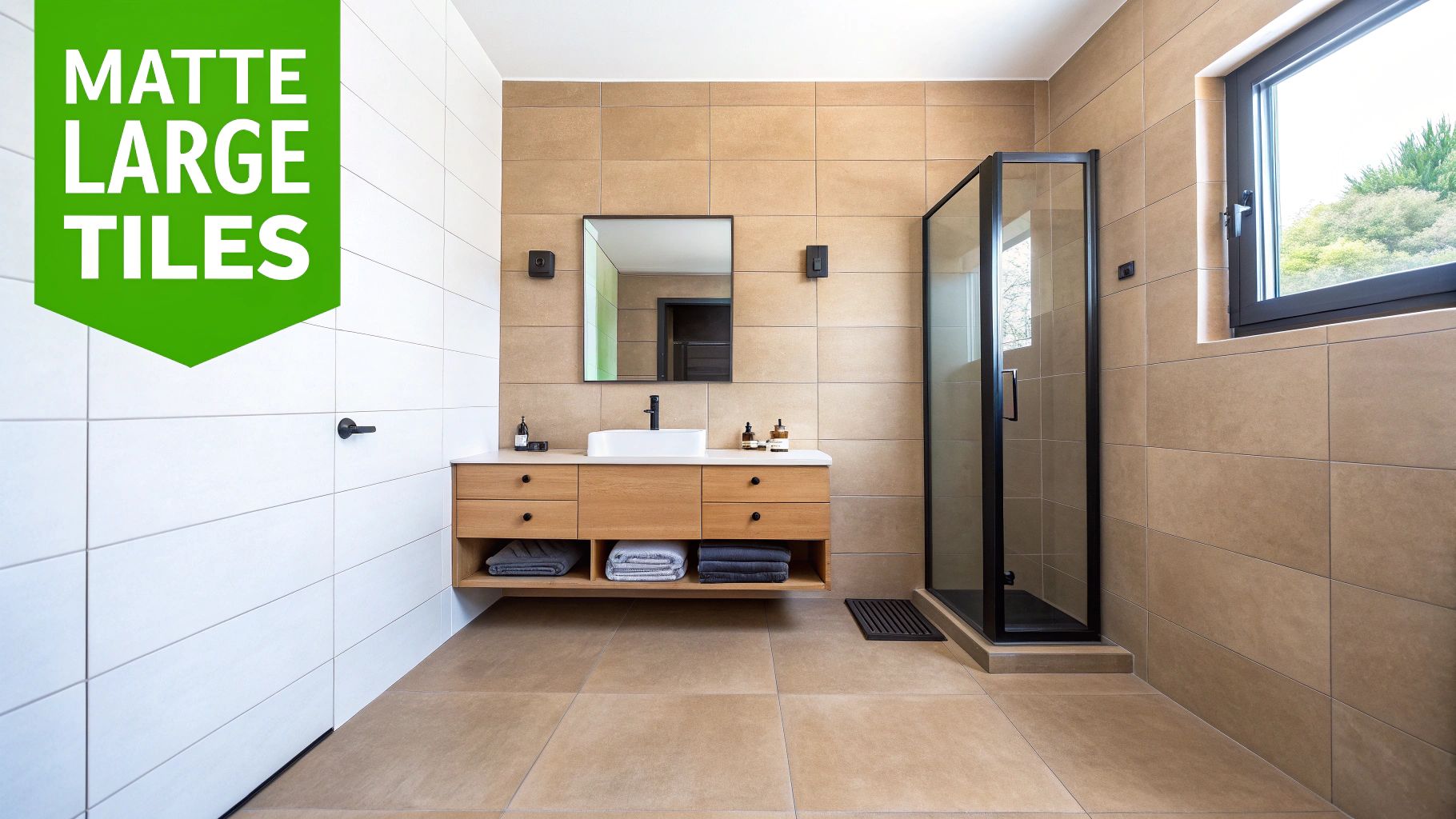 A contemporary bathroom featuring large format light brown tiles on walls and floor, a wood vanity, and a black-framed shower.