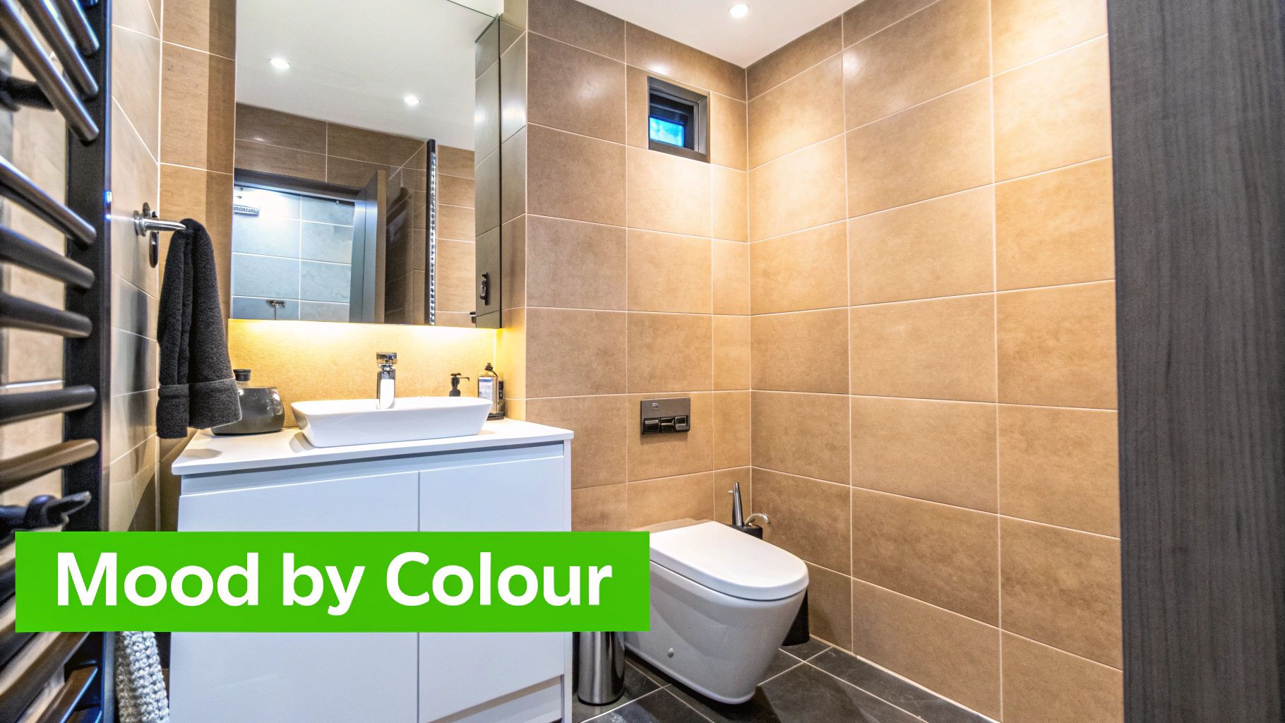 Modern bathroom with light brown wall tiles, a white vanity, sink, mirror, and a wall-mounted toilet.
