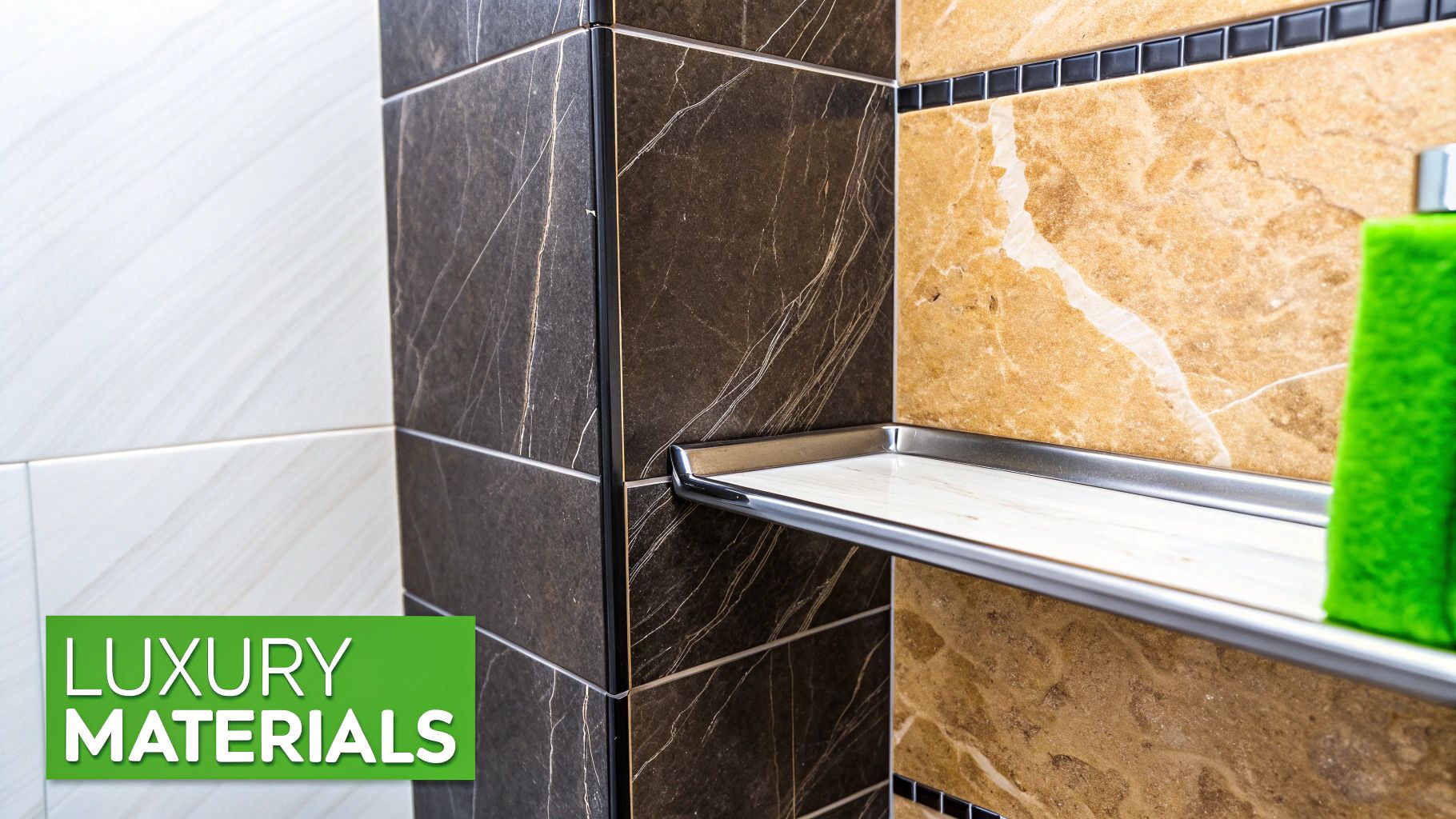 Stylish shower interior showcasing dark and light marble tiles and a functional built-in shelf.