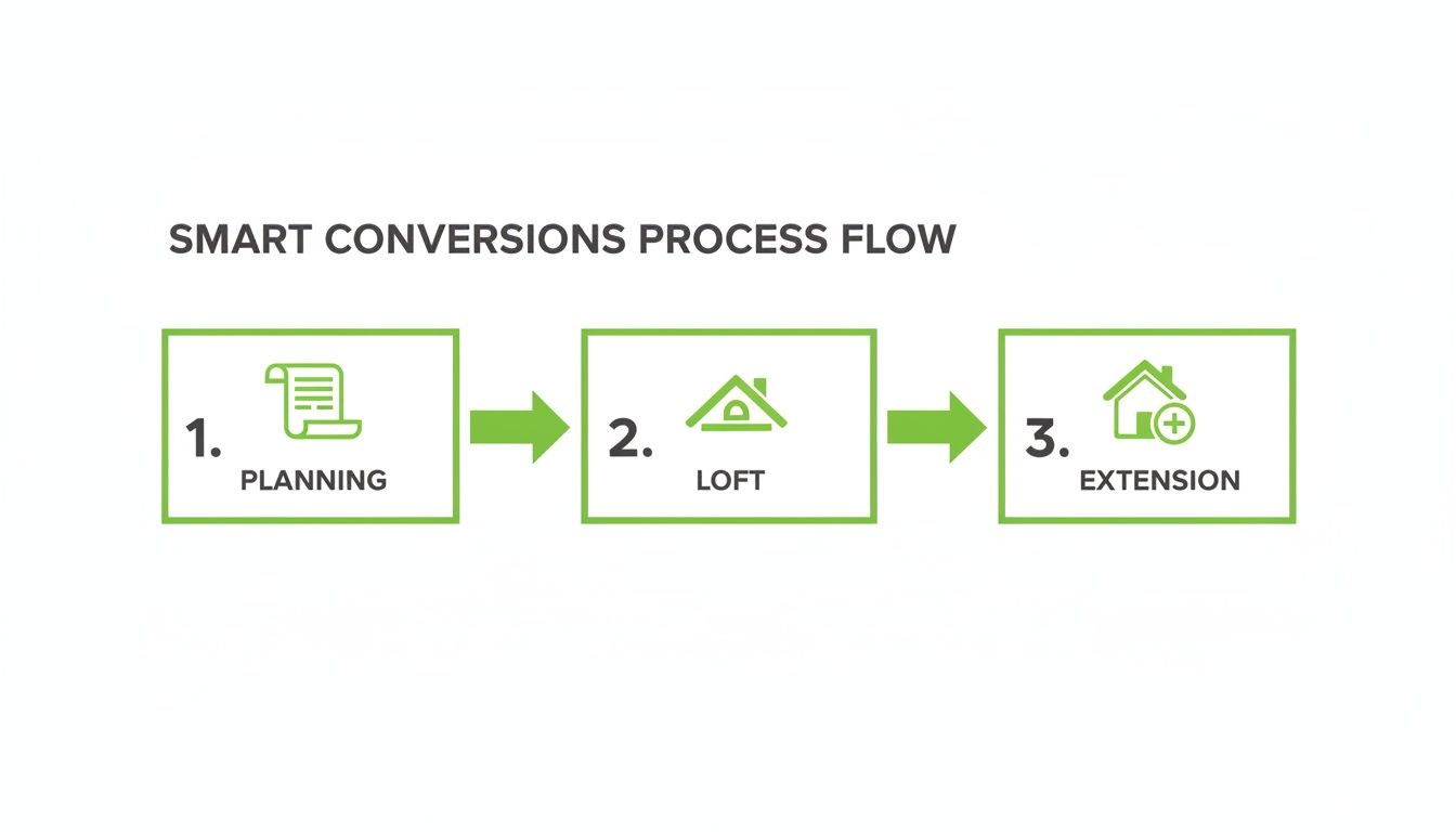 How to Increase Property Value with Strategic Renovations in Prime London A three-step process flow for smart conversions, including Planning, Loft, and Extension.
