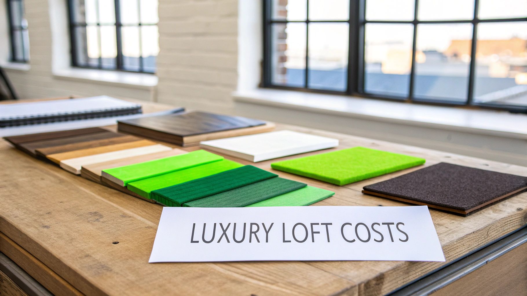 Material samples including wood and green felt on a table next to a 