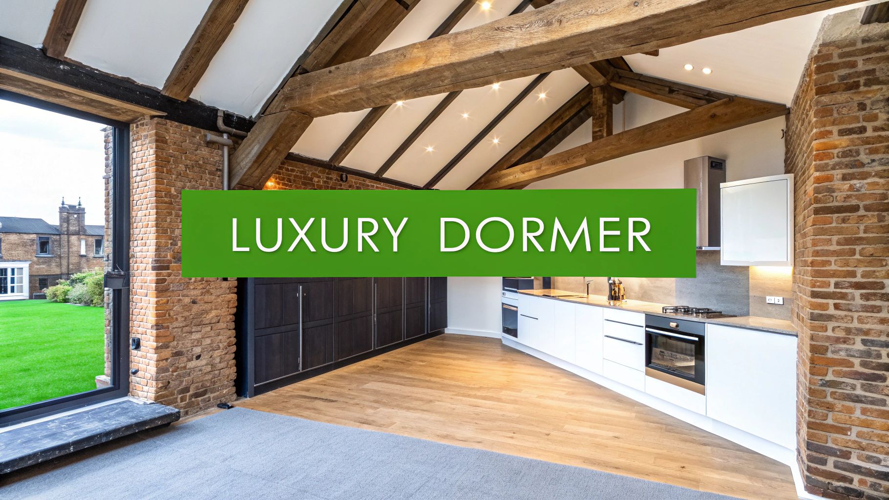 A luxurious dormer loft conversion with a modern white kitchen, exposed brick walls, and rustic wooden ceiling beams.