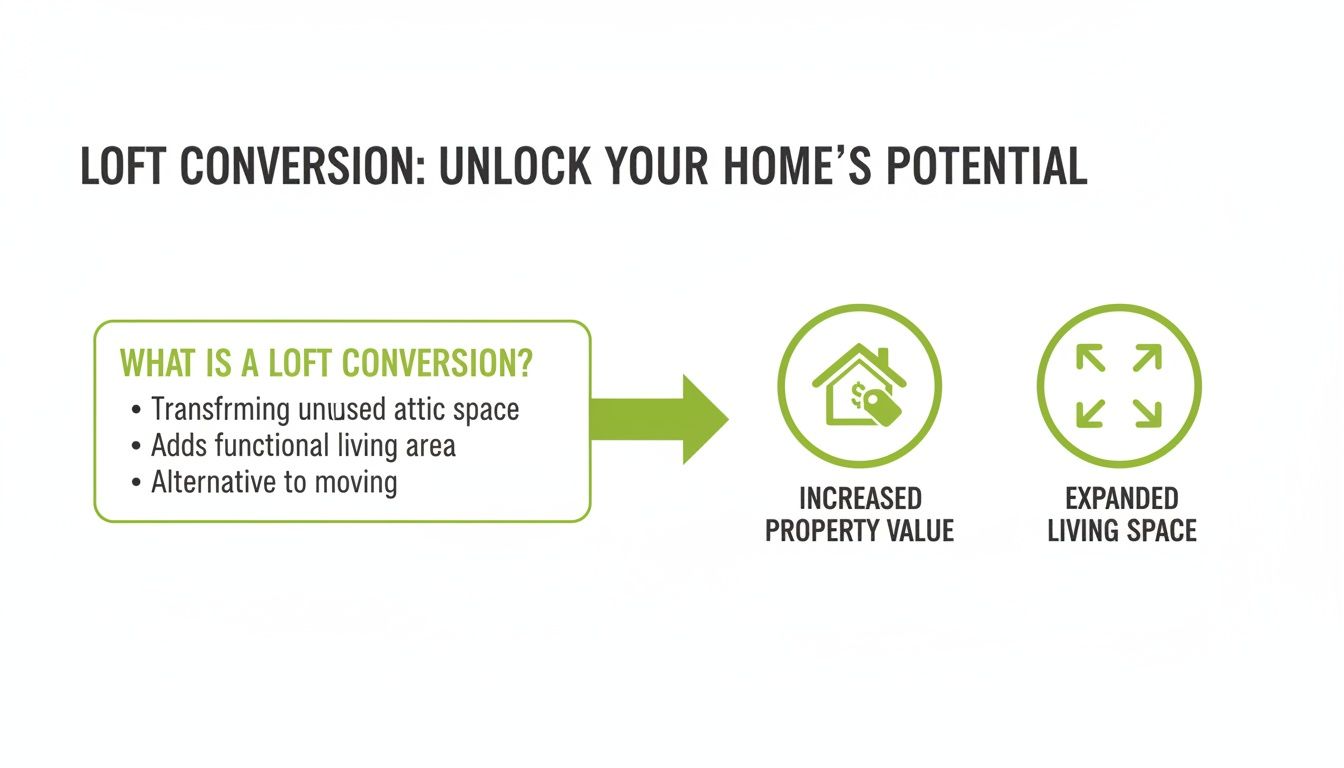 Diagram explaining loft conversion benefits: transforming unused attic space into functional living area, increasing property value, and expanding living space.