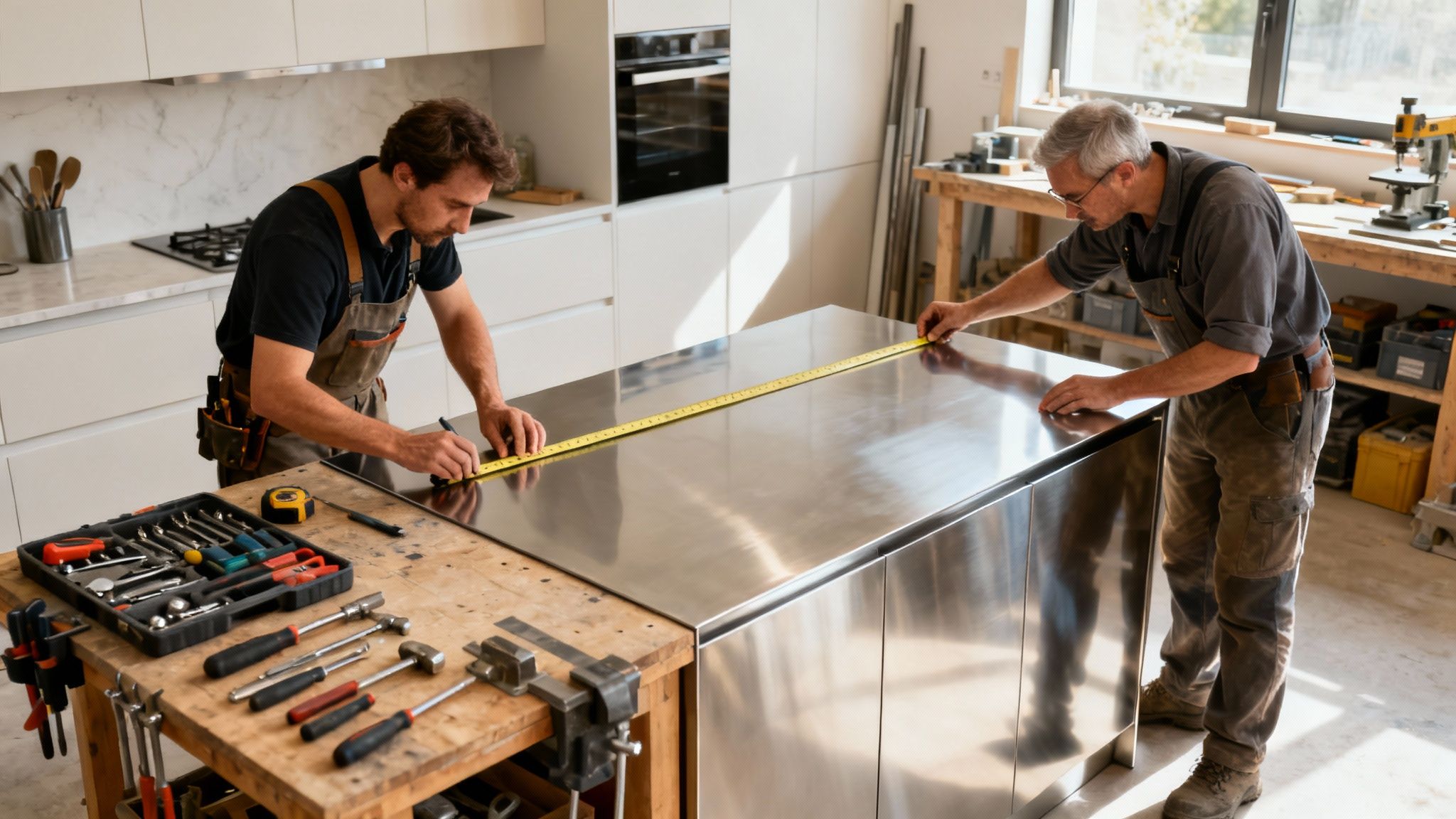 Two skilled craftsmen precisely measuring a large stainless steel kitchen island with a tape measure.