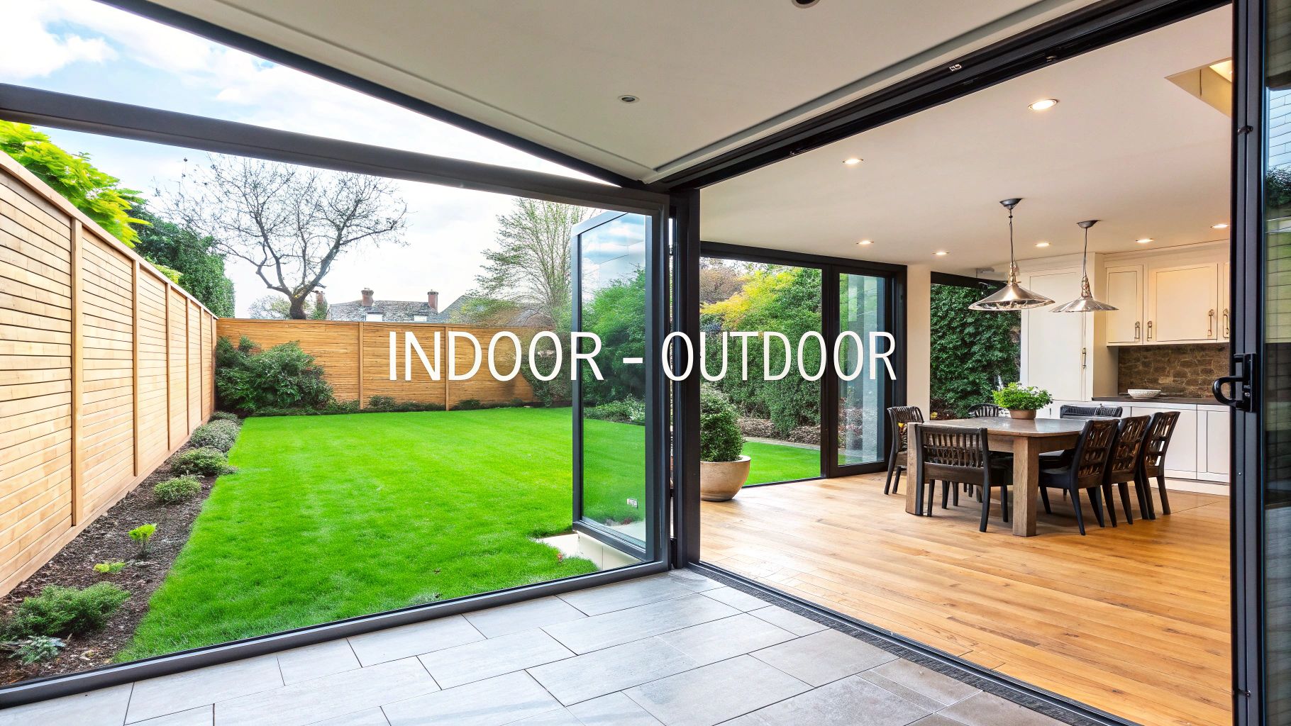 Bespoke Kitchen Extension Ideas UK: Transforming London’s Period Homes A modern kitchen and dining room connected to a lush green backyard through large bi-fold doors.