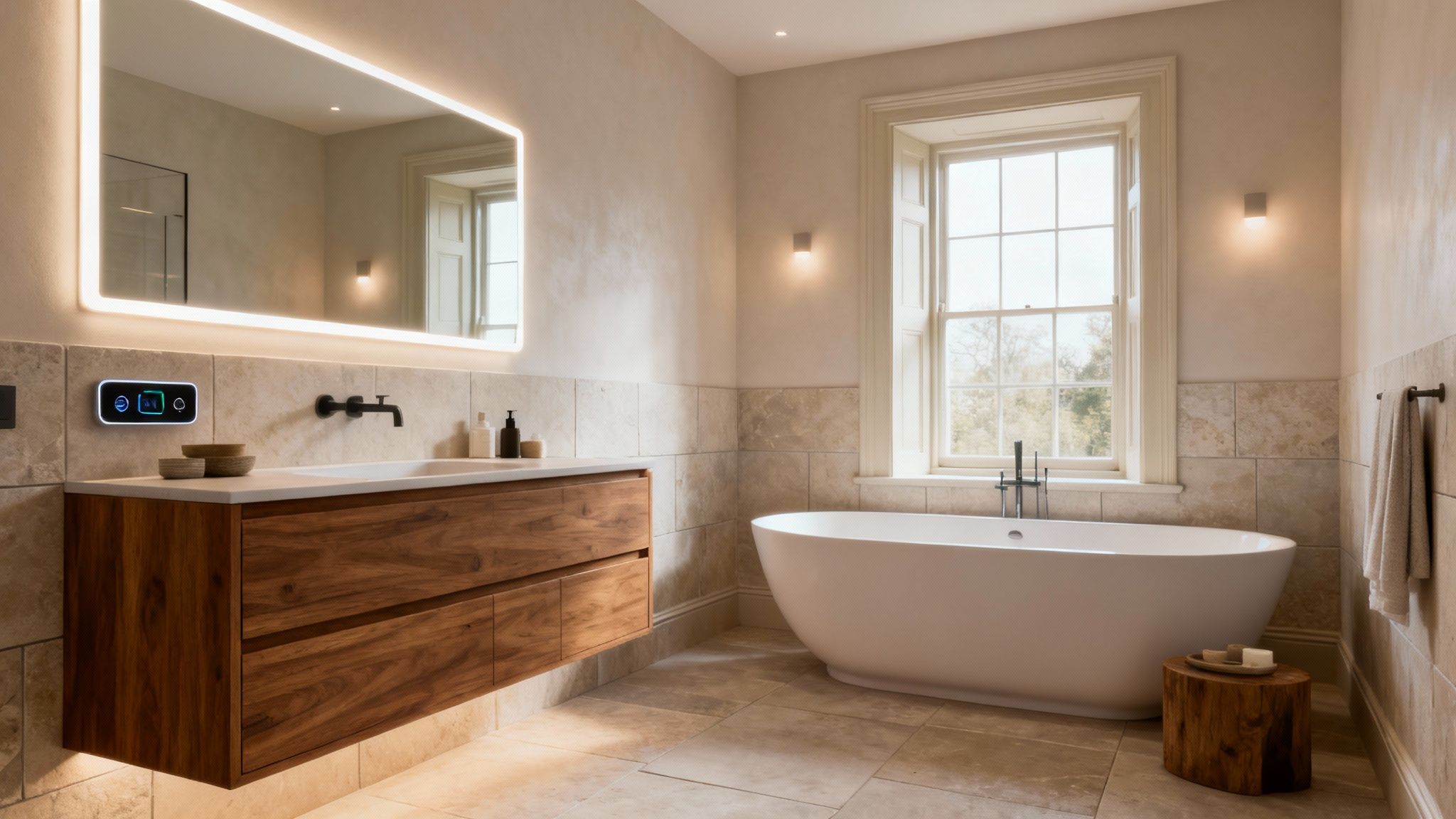 Elegant modern bathroom featuring a floating wooden vanity, illuminated mirror, and a sleek freestanding tub.