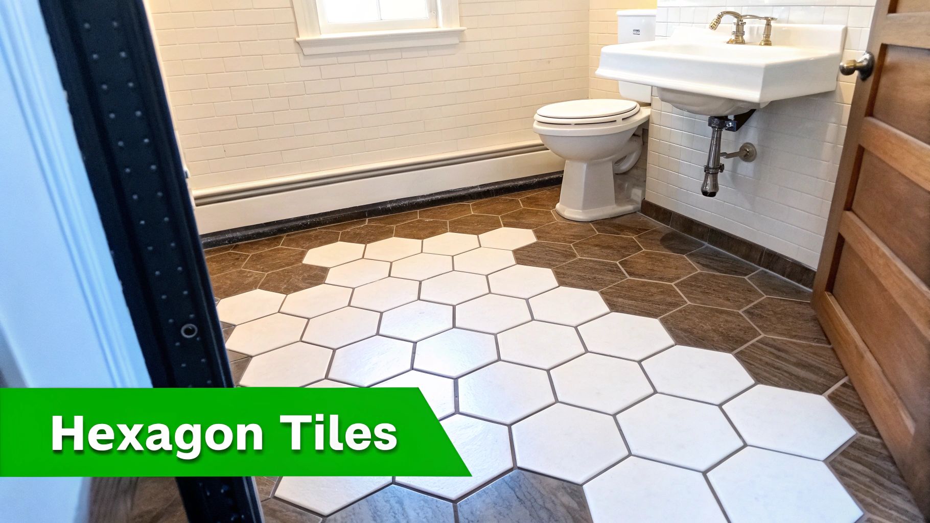 Bathroom with white and brown hexagon floor tiles, white subway wall tiles, toilet, and sink.