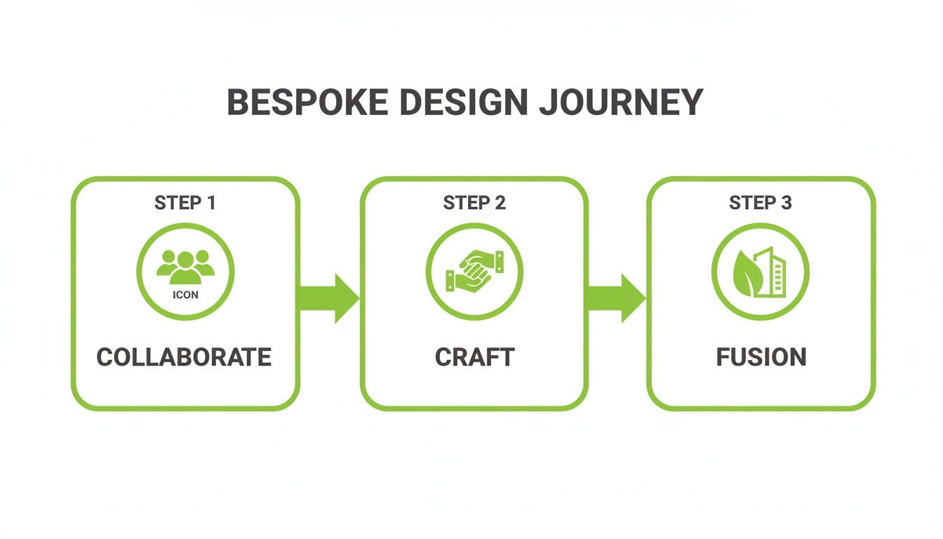 Bespoke Kitchen Design London: A Guide For Period Homes A three-step infographic outlines a bespoke design journey: collaborate, craft, and fusion with green icons.