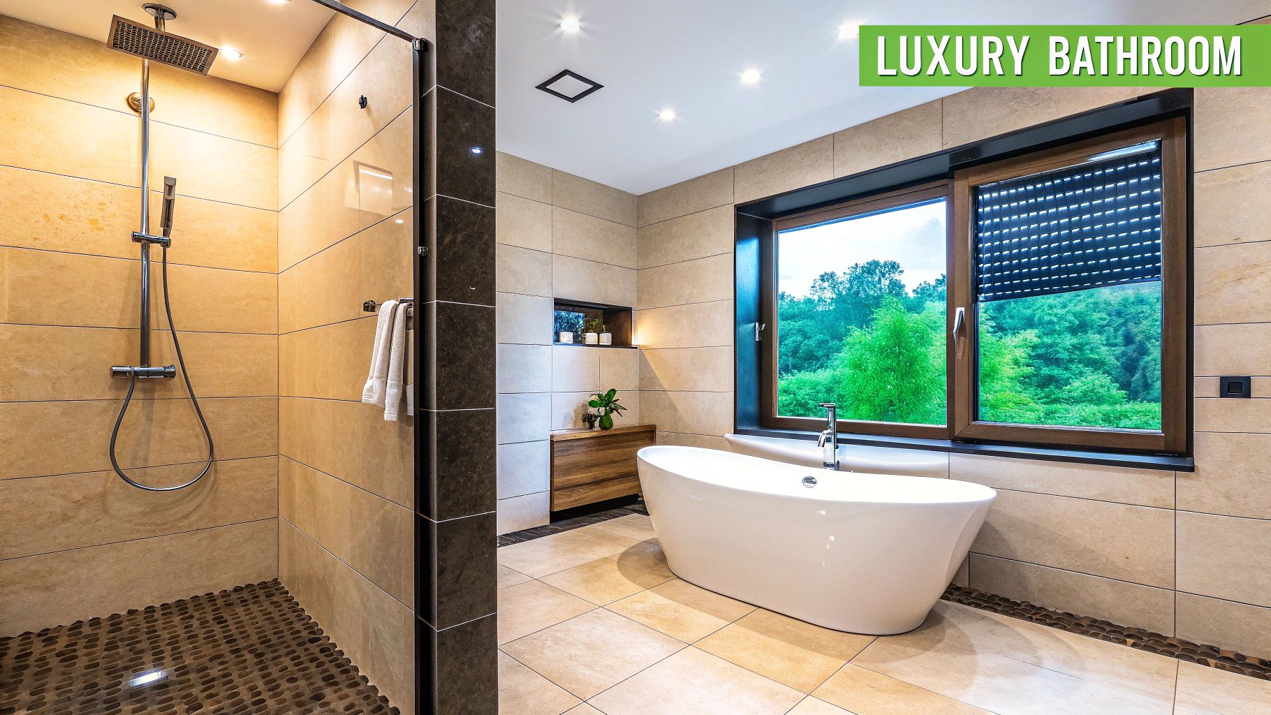 How to Increase Property Value with Strategic Renovations in Prime London Luxurious bathroom with a spacious walk-in shower, elegant freestanding bathtub, and a large window offering a view of nature.