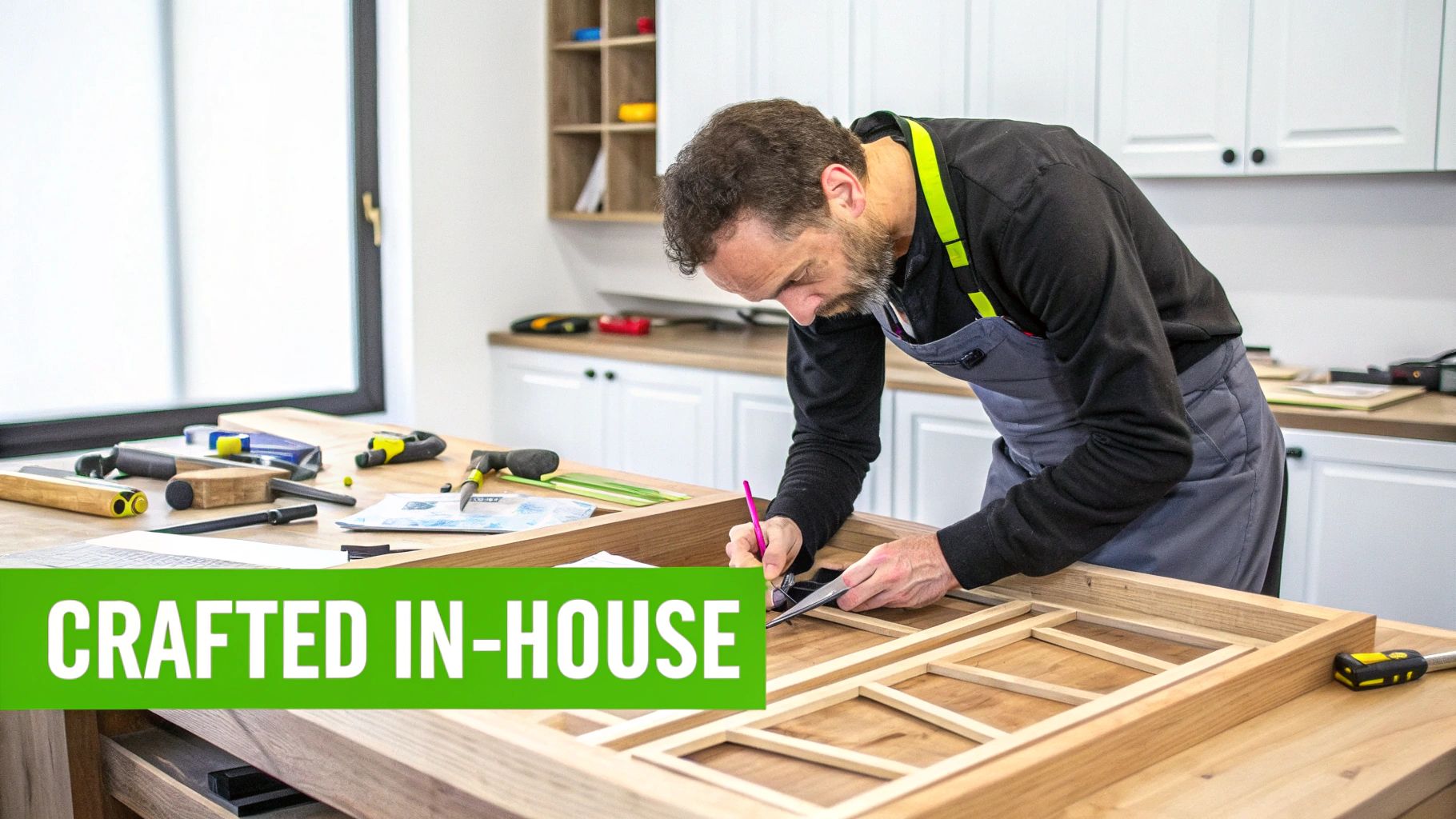 Bespoke Kitchen Design London: A Guide For Period Homes A craftsman meticulously measures and marks a wooden frame on a workbench, showcasing bespoke kitchen craftsmanship.