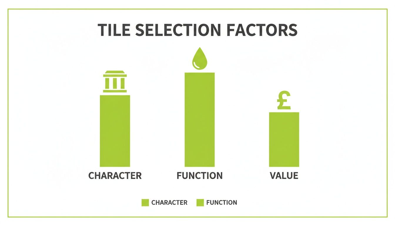 Bar chart illustrating tile selection factors: Character, Function, and Value, with Function being most prominent.