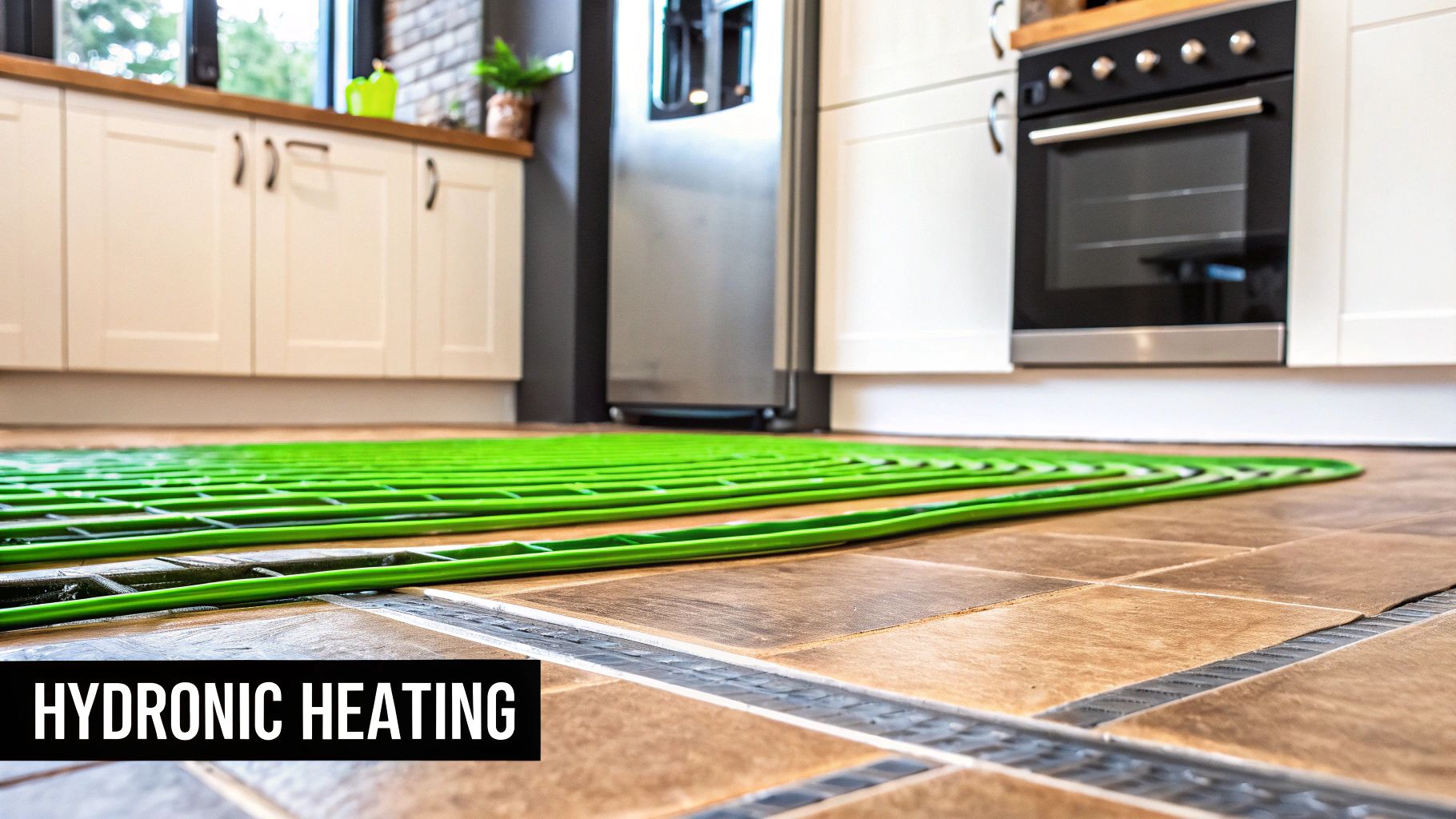 Green hydronic heating pipes laid on a kitchen floor, ready for underfloor installation in a home.