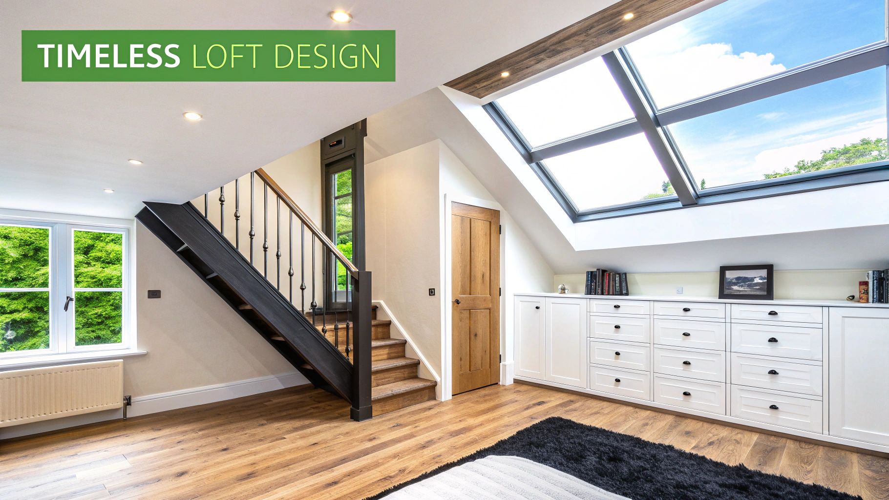 An elegant loft design featuring a staircase, skylights, white built-in storage, and wooden floor.