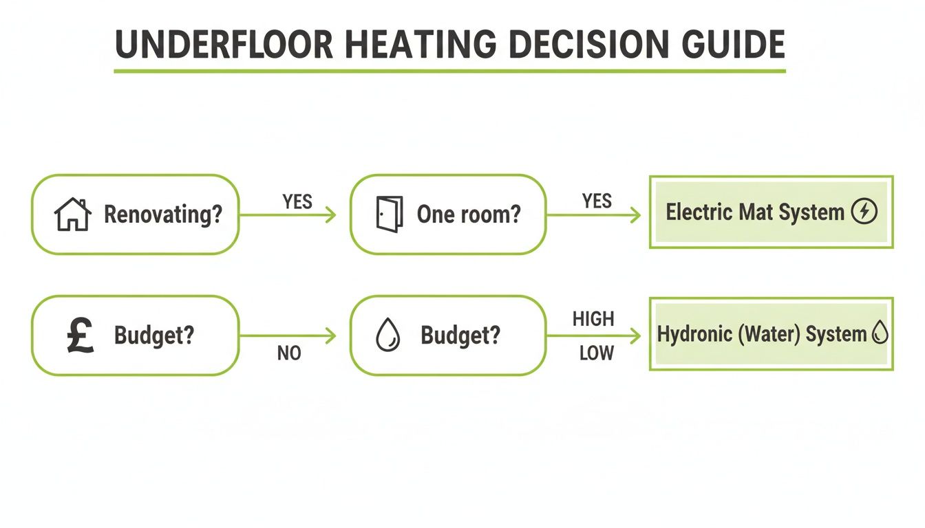 Flowchart guiding selection between electric mat and hydronic underfloor heating systems based on renovation and budget.